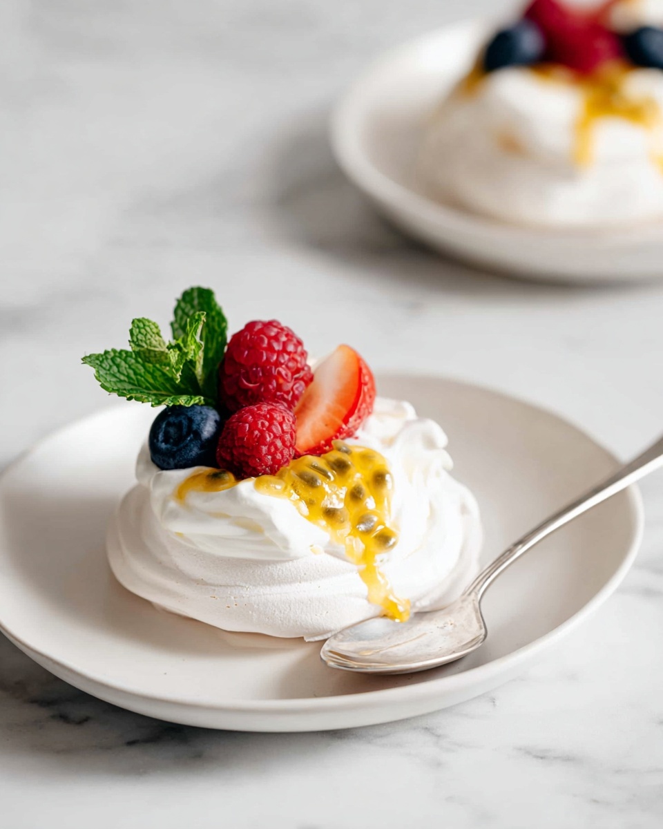 A white swirled meringue nest sits on a white plate with a silver spoon resting on the right side. Inside the meringue, there is a dollop of white whipped cream, topped with bright yellow passion fruit pulp that has visible seeds. On top of the passion fruit are fresh berries: a red raspberry, a blue blueberry, and a half strawberry with a red outer edge and white inside. A small sprig of fresh green mint leaves stands upright behind the berries. The plate is placed on a white marbled surface, with another blurred plate of the same dessert visible in the background. Photo taken with an iphone --ar 4:5 --v 7