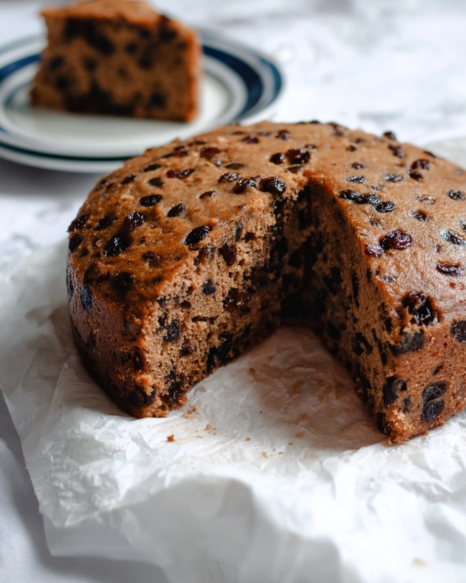 A round, dense fruit cake with two visible layers filled with dark raisins is placed on crumpled white cloth on a white marbled surface. The cake has a light brown color with raisins scattered throughout the surface and inside. A triangular slice is taken out, showing the moist texture of the cake and the clusters of raisins inside. In the blurred background, there is a white plate with blue stripes holding a smaller piece of the same cake. The scene is softly lit, focusing on the cake's rich texture and details. photo taken with an iphone --ar 4:5 --v 7