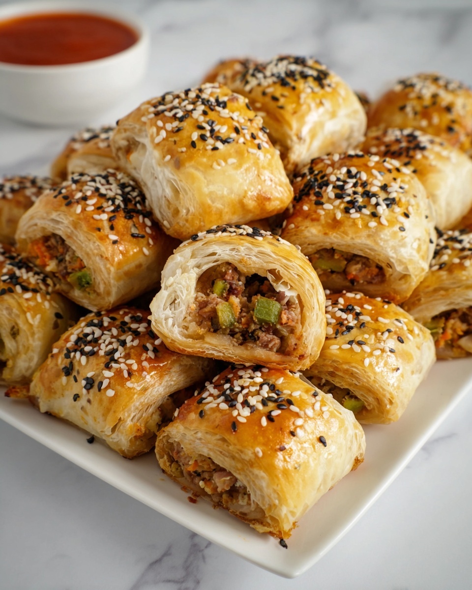 The image shows a white square plate filled with small golden-brown pastry rolls, each topped with black and white sesame seeds. The pastries are cut to show the inside, which has a mix of finely chopped vegetables in shades of green and orange, along with a light brown filling. The pastry crust looks soft and flaky, lightly shiny, and arranged in a stacked pile on the white marbled surface. In the background, there is a white bowl with a red sauce. The photo taken with an iphone --ar 4:5 --v 7