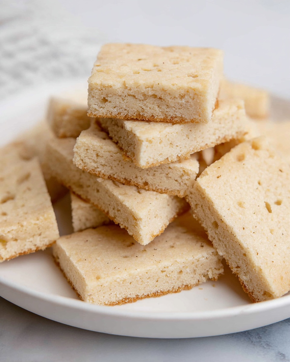 The image shows three light beige square dessert bars stacked on top of each other, each with a soft and crumbly texture and slightly golden edges. The bars have a dense, moist inside with a rough surface, placed on a white marbled surface. In the background, there is a white plate with more of the same bars and a blue and white striped cloth partially visible. The focus is on the three stacked bars with a soft blurred background. Photo taken with an iphone --ar 4:5 --v 7