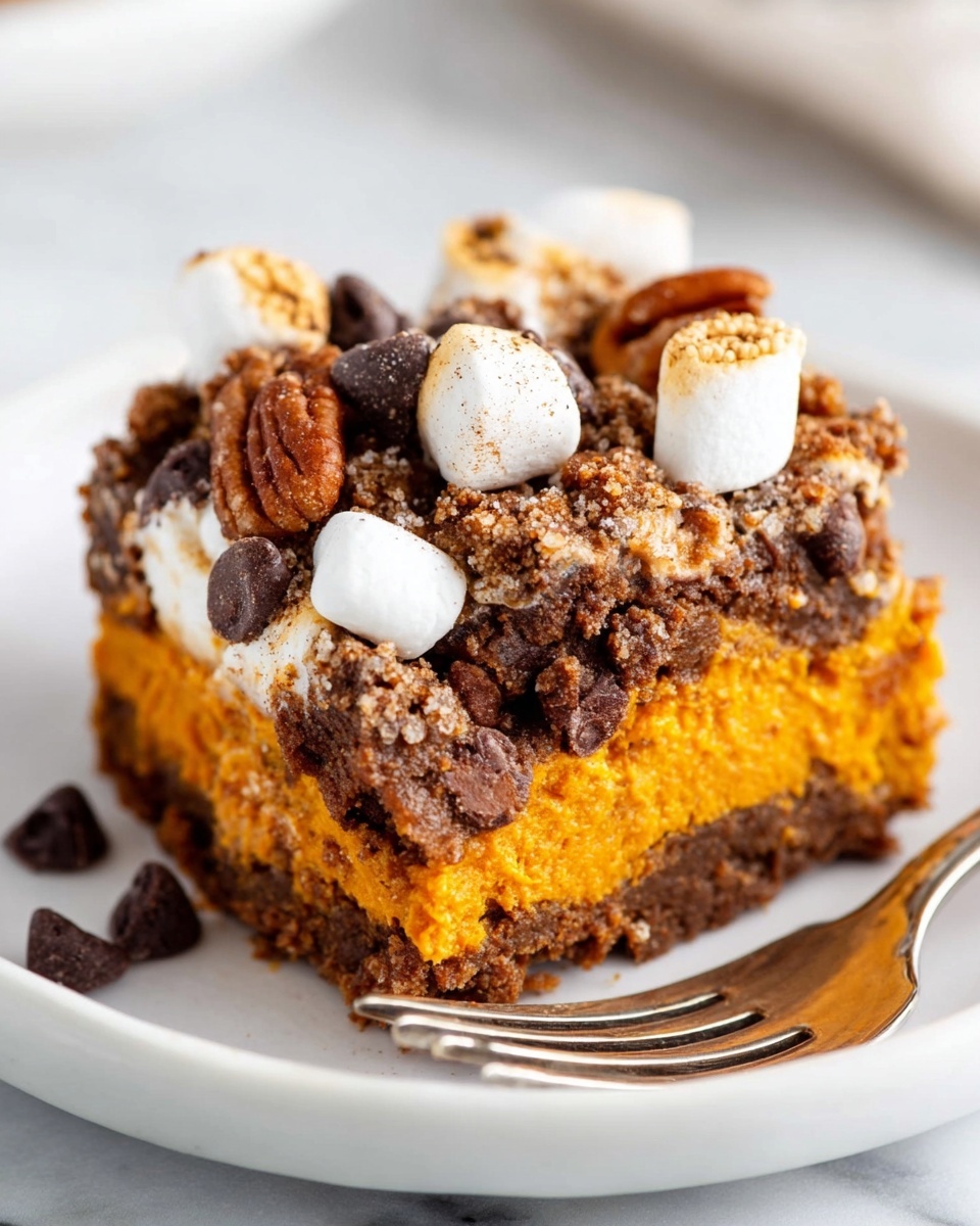 A close-up image of a square piece of thick, moist orange-brown cake on a white plate with a silver fork placed nearby. The cake has a soft texture with visible small chunks inside and is topped with scattered dark brown chocolate chips, small white toasted marshmallows, and coarse sugar crystals. The edges of the cake look slightly crumbly, and the top has a rough, uneven surface. The background is a white marbled texture. photo taken with an iphone --ar 4:5 --v 7