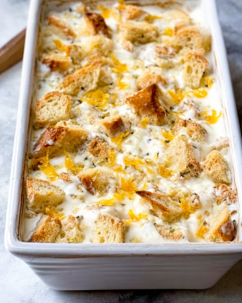 The image shows a white rectangular dish filled with a layered casserole. The bottom layer is creamy and white with a smooth texture, topped with irregular pieces of golden toasted bread or croutons scattered unevenly across the surface. There are also small melted cheese patches with light yellow-orange hues spread on top, giving a slightly bubbly and soft look. The edges of the dish show some browned spots from baking. The dish is placed on a white marbled surface with warm natural lighting highlighting the crispy texture of the bread pieces and the smoothness of the creamy layer below. Photo taken with an iphone --ar 4:5 --v 7