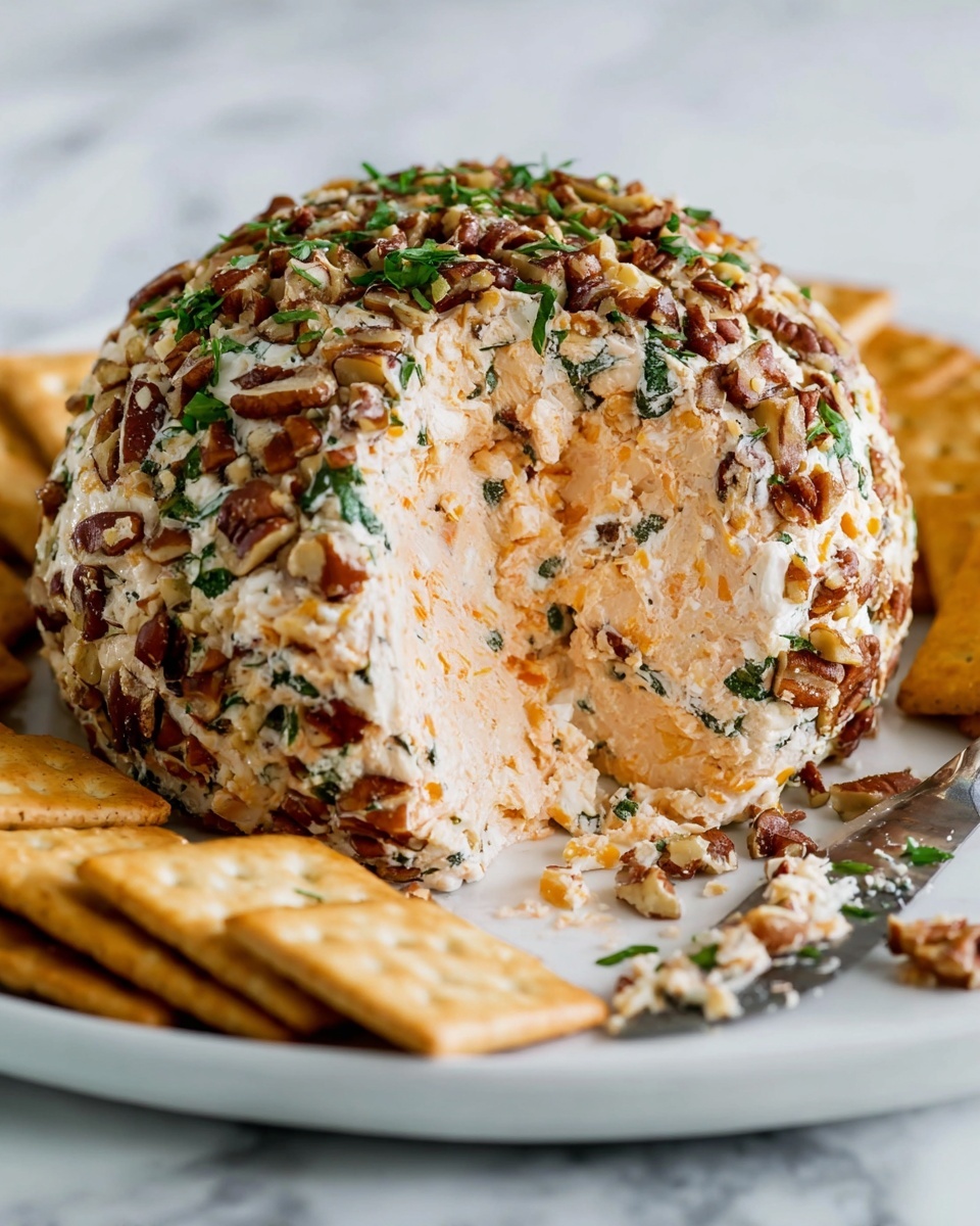 The image shows a round cheese ball with a creamy pale orange inside mixed with small green and darker pieces, possibly herbs and nuts. The outside layer is covered with chopped nuts that are light to dark brown, mixed with fresh green herb leaves. The cheese ball sits in the middle of a white plate where rectangular light brown crackers are partially surrounding it. The background is a smooth white marbled texture. A knife with some of the cheese mixture on it lies near the plate's edge. Photo taken with an iphone --ar 4:5 --v 7