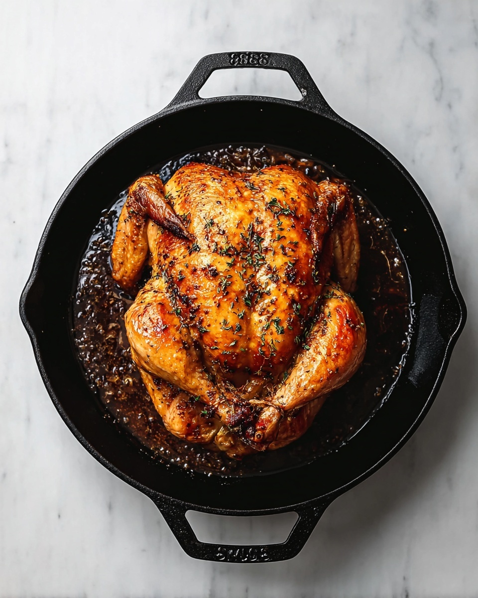 A whole cooked chicken with a golden brown, crispy skin sits in the center of a large black cast iron skillet. The chicken is sprinkled with small herbs and has a shiny, roasted texture. The skillet has some cooking juices and small bits of seasoning around the chicken, adding a rich, dark contrast to the shiny skin. The skillet sits on a white marbled surface, showing clear details of the pan's handle and texture. photo taken with an iphone --ar 4:5 --v 7