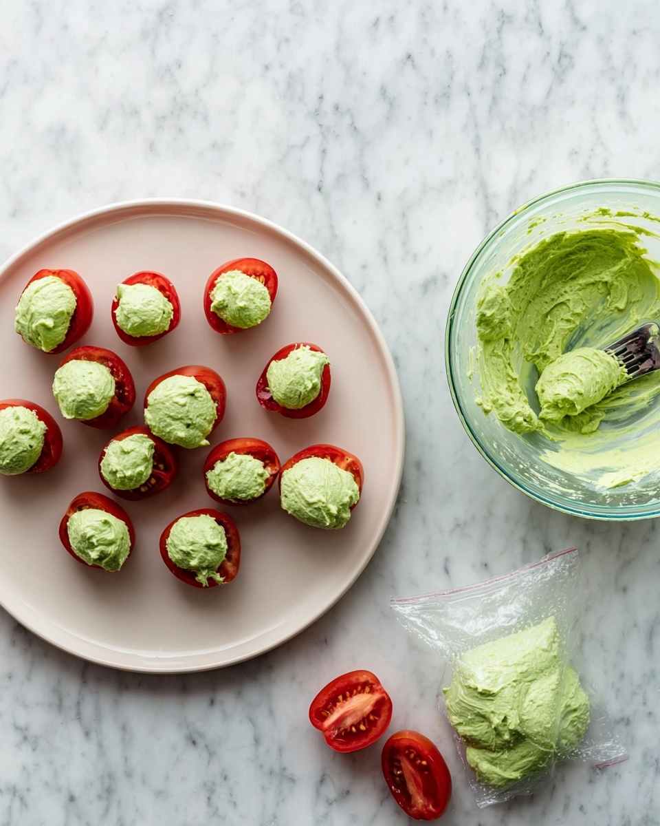 A white plate on a white marbled surface holds two layers: the bottom layer is small, round red tomato halves, and the top layer is a bright green creamy mixture piped onto each tomato half, giving a textured, fluffy look. To the right, a clear glass bowl contains more of the green creamy mixture with a fork resting inside it. Below the bowl, on the white marbled surface, there is a clear plastic bag filled with the same green mixture, slightly squeezed from the top to show its creamy texture. Two tomato halves sit empty between the plate and bowl. photo taken with an iphone --ar 4:5 --v 7