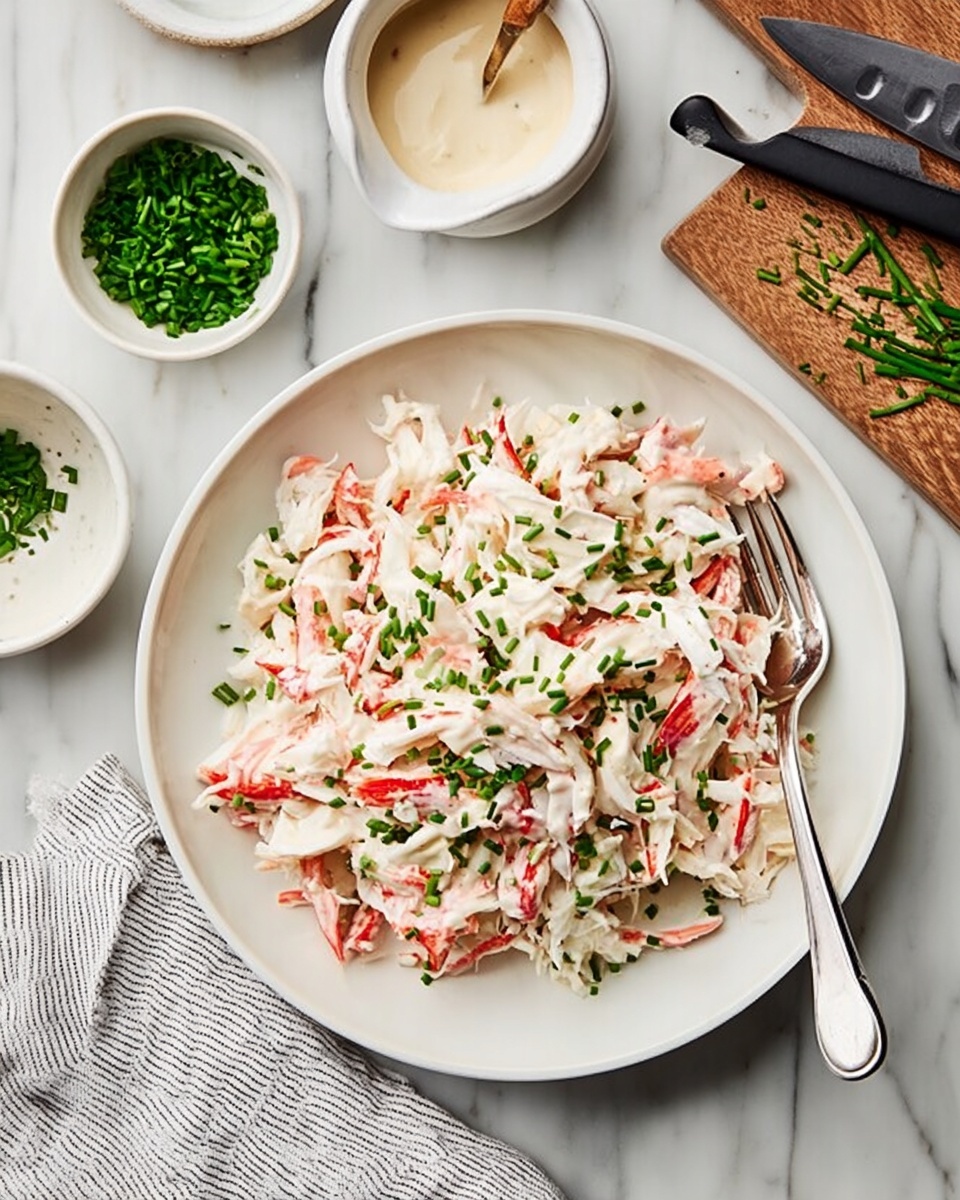 A white bowl filled with a salad made of white and red crab meat pieces mixed with small green celery chunks and tiny purple onion bits, topped with chopped green chives and black pepper. A silver fork rests on the side of the bowl. Behind it, a white bowl contains a creamy pink sauce with a silver spoon, and another white plate holds round brown crackers beside fresh green lettuce leaves, all placed on a white marbled surface. photo taken with an iphone --ar 4:5 --v 7