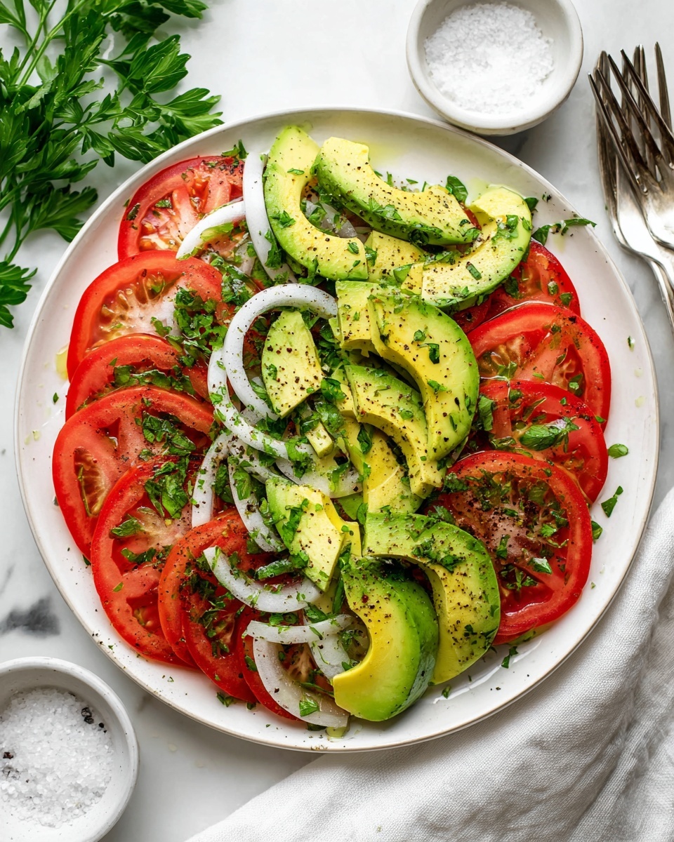 A white plate holds a fresh salad made of three main layers. The bottom layer has bright red tomato wedges spread across the plate. On top of that, thin slices of white onion are scattered in small curved strips. The top layer is made of light green avocado slices arranged evenly. The salad is sprinkled with small chopped green herbs and black pepper. Some drops of olive oil give a shiny touch to the avocado. The plate sits on a white marbled surface. Photo taken with an iphone --ar 4:5 --v 7