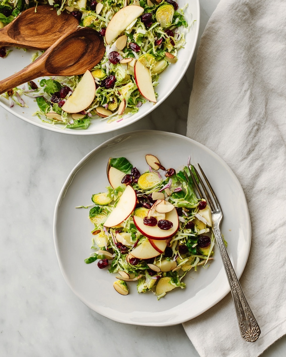 A white plate holds a small salad arranged with thin, light green shredded brussels sprouts scattered as the base layer, mixed with darker green leaves and small pieces of red onion. On top, there are thin, slightly curved slices of light brownish apple with red edges, together with small yellow-green halved brussels sprouts. Dark red dried cranberries are spread throughout the salad along with small white bits of cheese and light brown slivered almonds. A silver fork with a detailed handle sits on the right side of the plate. Above the plate is a large white bowl filled with the same salad, and a wooden spoon with grainy texture partly inside the salad. The whole setting is on a white marbled surface and there is a white cloth napkin folded on the right side. photo taken with an iphone --ar 4:5 --v 7