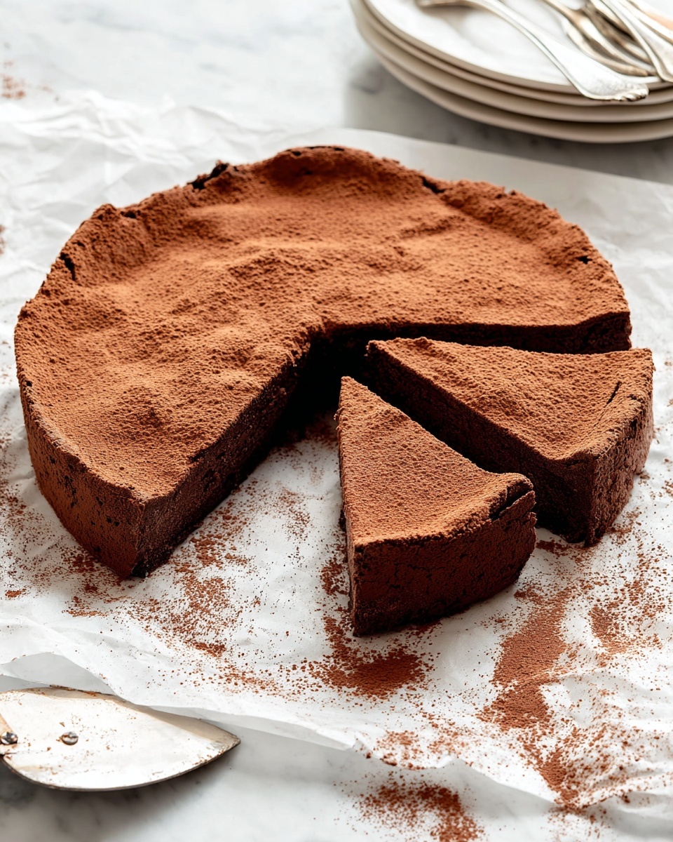 A single round chocolate cake with a cracked, slightly rough top layer showing a rich brown color and a light, airy texture stands on white parchment paper over a white marbled surface. Above it, there is a black plate with cocoa powder inside a metal sieve with a wooden handle, dusted lightly around. At the bottom, a shiny silver knife and an old metal spatula lay crossed near the cake, both handles visible. Photo taken with an iphone --ar 4:5 --v 7