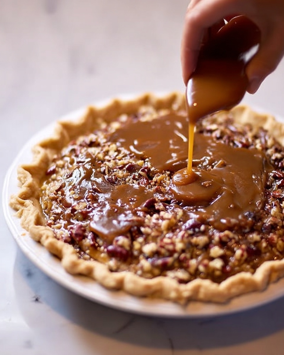 A deep pie with a thick, light golden crust edge holds a filling made of small chunked nuts and sugar bits, topped with a glossy layer of brown caramel sauce being poured over it by a woman's hand from above, the pie sits on a white plate placed on a white marbled surface, the caramel slowly spreads over the nutty filling with a shiny texture photo taken with an iphone --ar 4:5 --v 7