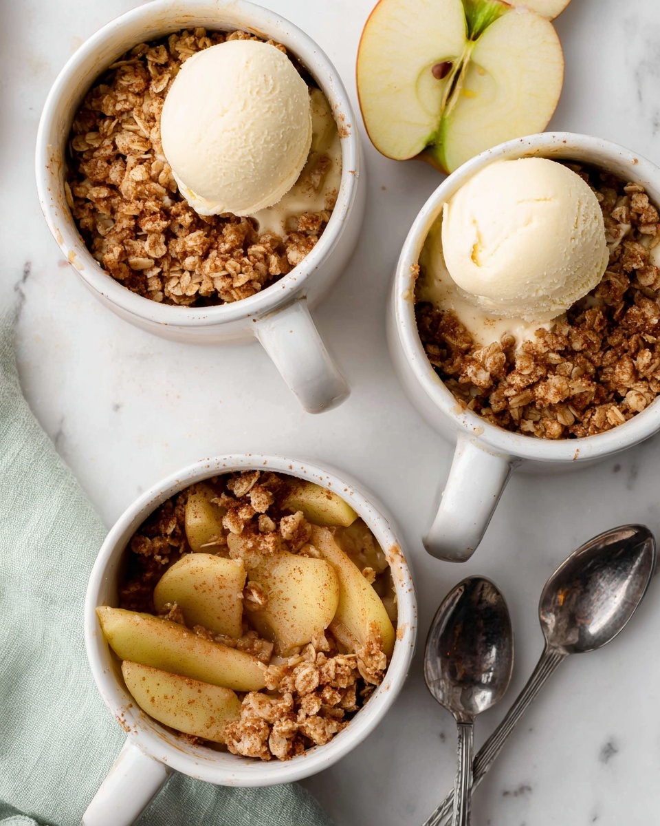 The image shows three white ceramic mugs filled with apple crisp, each with a thick layer of baked oats and cinnamon topping visible on top. Inside the mugs, beneath the crumble topping, there are slices of soft, cooked apple with a light yellow color tinged with brown spices. The mug at the top right also has two round scoops of creamy vanilla ice cream melting slightly into the warm apple crisp. The mugs are placed on a white marbled surface with two fresh apple slices nearby and a pale green cloth with silver spoons resting on it to the side. Photo taken with an iphone --ar 4:5 --v 7