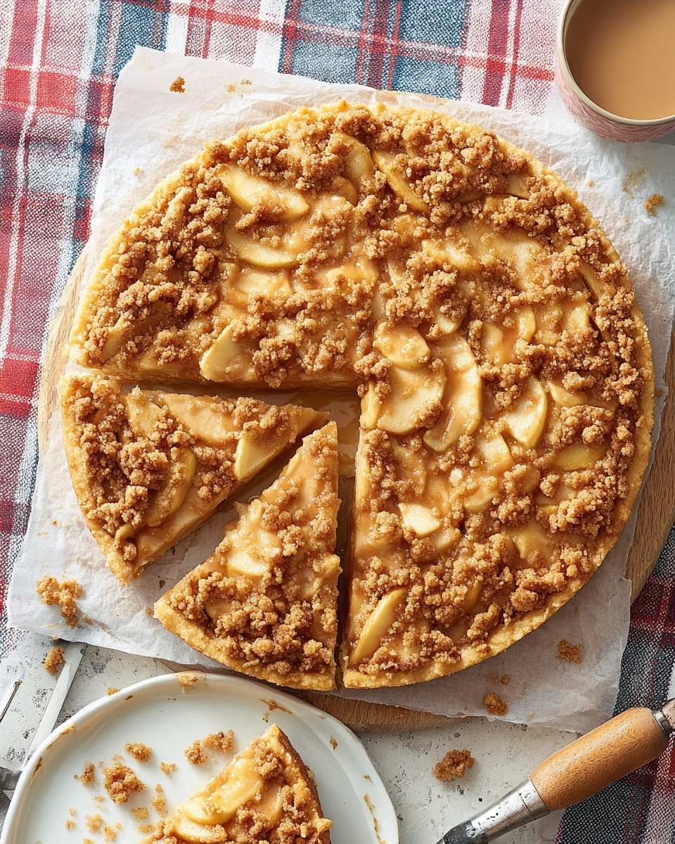 The image shows a round apple crumble pie on a wooden board covered with white parchment paper. The pie has a light golden crust at the bottom, topped with soft, shiny, light brown apple slices covered in a thick layer of crumbly brown sugar topping, which looks slightly crunchy. One slice is removed and placed on a white plate nearby with a few crumbs scattered around it. A silver pizza cutter with a wooden handle rests near the pie on a white marbled surface. There is a cup with a light brown drink to the upper right of the pie. The background includes a plaid cloth with soft red, blue, and off-white colors. photo taken with an iphone --ar 4:5 --v 7
