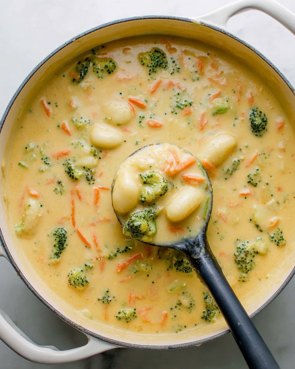 The image shows a thick creamy soup in a large white pot with two handles, placed on a white marbled surface. The soup has a light yellow color and is filled with small green broccoli pieces, thin orange carrot strips, and white gnocchi, giving it a chunky texture. A black spoon is scooping up a portion of the soup, displaying mixed ingredients clearly. The soup looks smooth and rich, with various vegetables spread evenly throughout. photo taken with an iphone --ar 4:5 --v 7