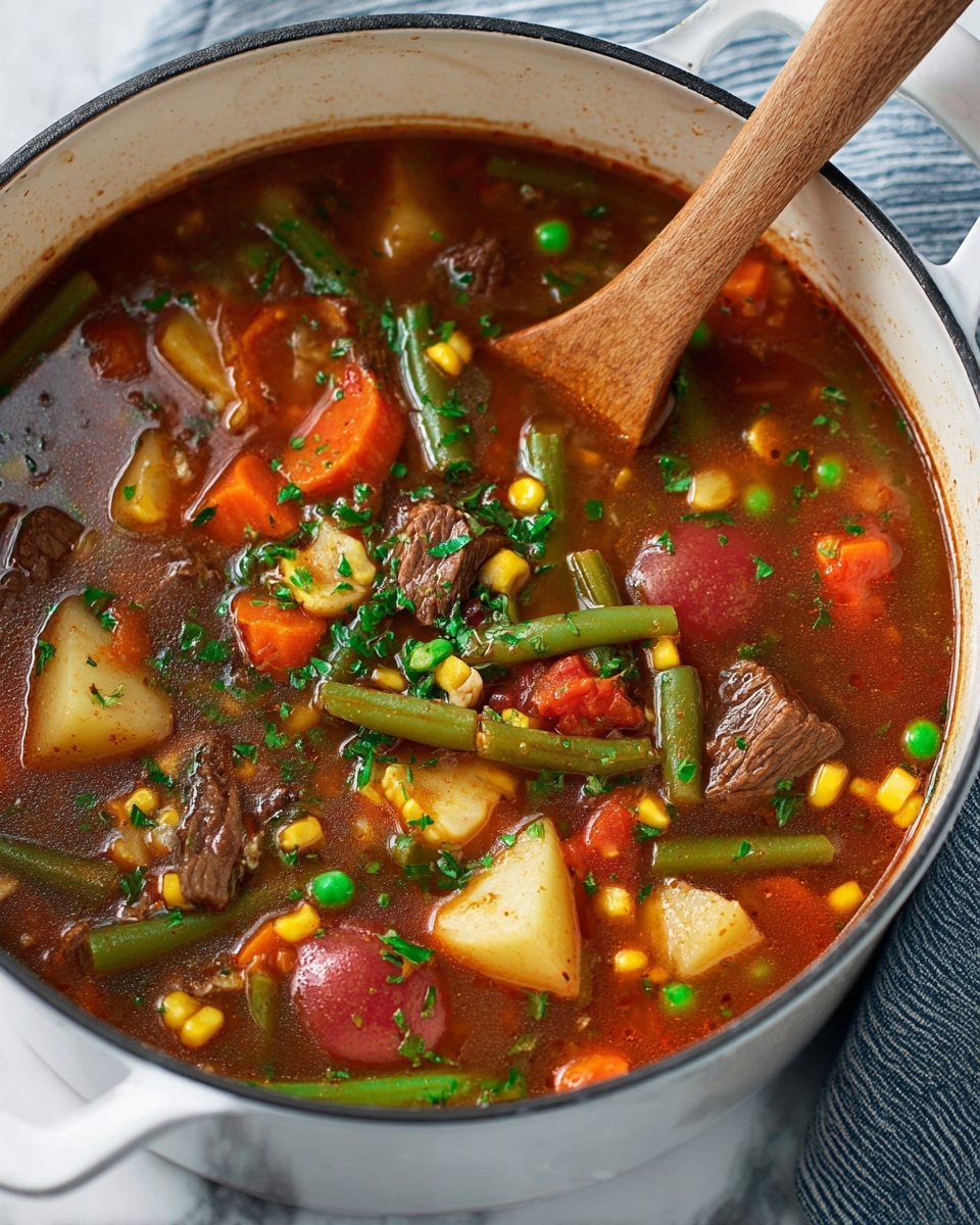 A white pot filled with a rich brown broth soup containing multiple layers of ingredients: dark brown pieces of cooked beef, chunks of pale red-skinned potatoes, bright orange carrot slices, green beans, yellow corn kernels, green peas, and small red tomato pieces. The soup is topped with fresh green chopped herbs scattered throughout. A wooden spoon rests inside the pot on a white marbled surface with a blue-gray striped cloth in the background. photo taken with an iphone --ar 4:5 --v 7
