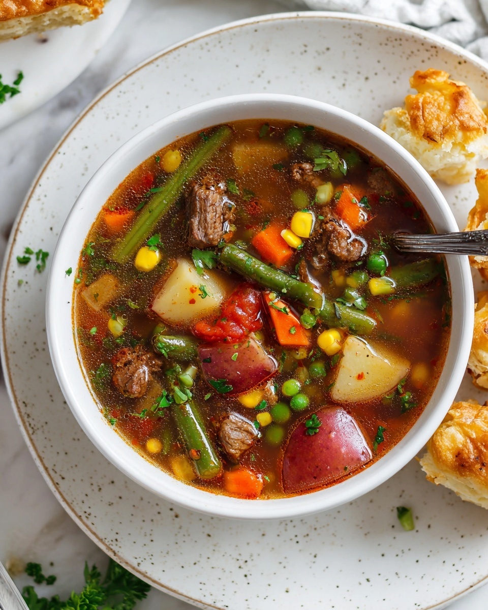 A white bowl holds a colorful vegetable and meat soup with a clear brownish broth. The soup has roughly four layers: the bottom layer is clear broth, the middle layers include chunks of red-skinned potatoes, bright orange carrot slices, green beans cut into pieces, yellow corn kernels, green peas, diced tomatoes, and pieces of cooked brown meat, all mixed together. Fresh parsley leaves are sprinkled on top, adding a touch of green. The bowl is placed on a white plate with small speckles, and near the plate are pieces of torn, soft bread and a crispy fried wonton. The background is a white marbled surface, and part of a woman's hand holding a spoon is visible. photo taken with an iphone --ar 4:5 --v 7