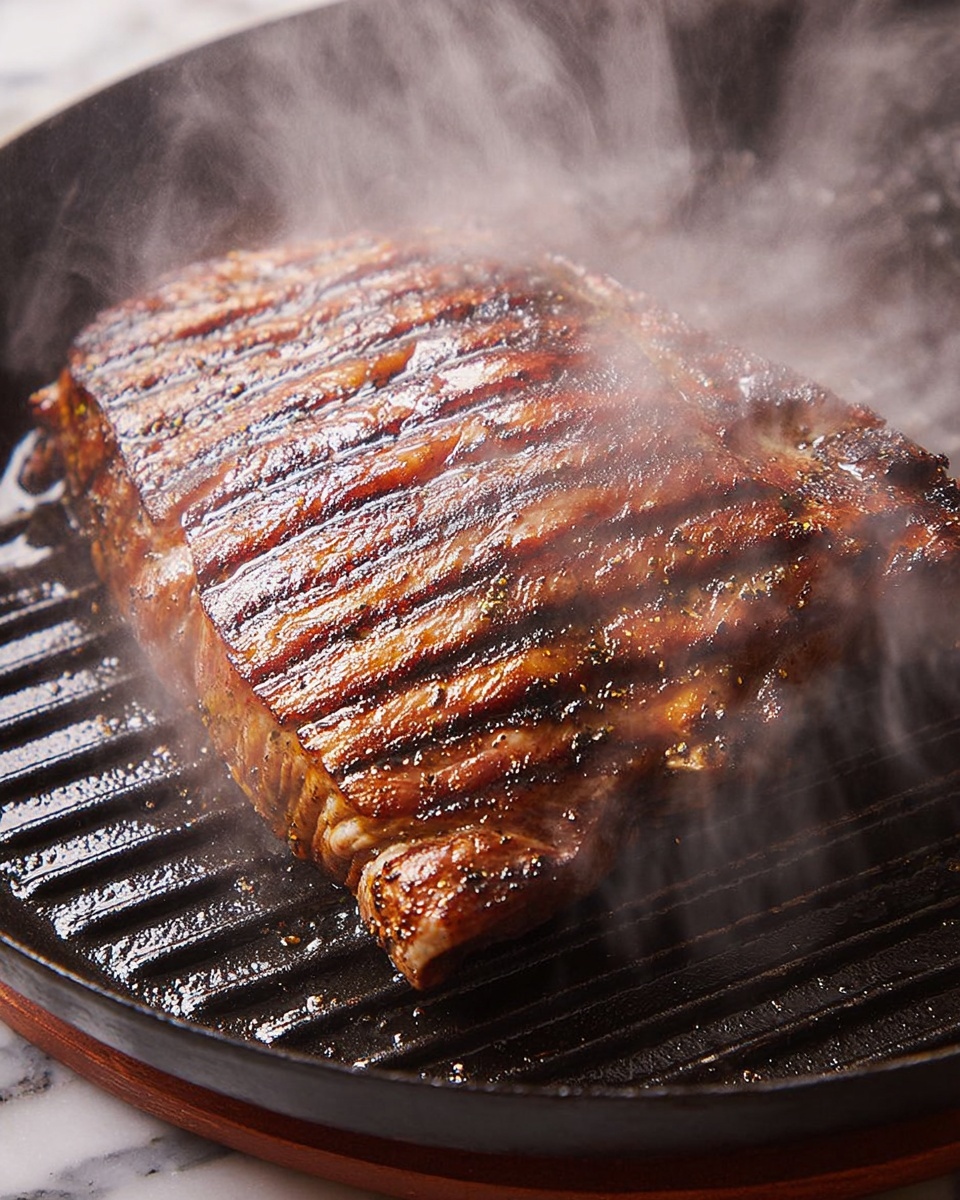 A thick, juicy piece of meat is cooking on a hot grill pan. It has deep, dark brown grill marks running across its surface, giving it a textured pattern. The meat's color ranges from a rich, caramelized brown to lighter caramel edges. Steam rises from the meat and grill, showing it is very hot. The grill pan beneath is black with ridges, and the background is a white marbled texture. photo taken with an iphone --ar 4:5 --v 7