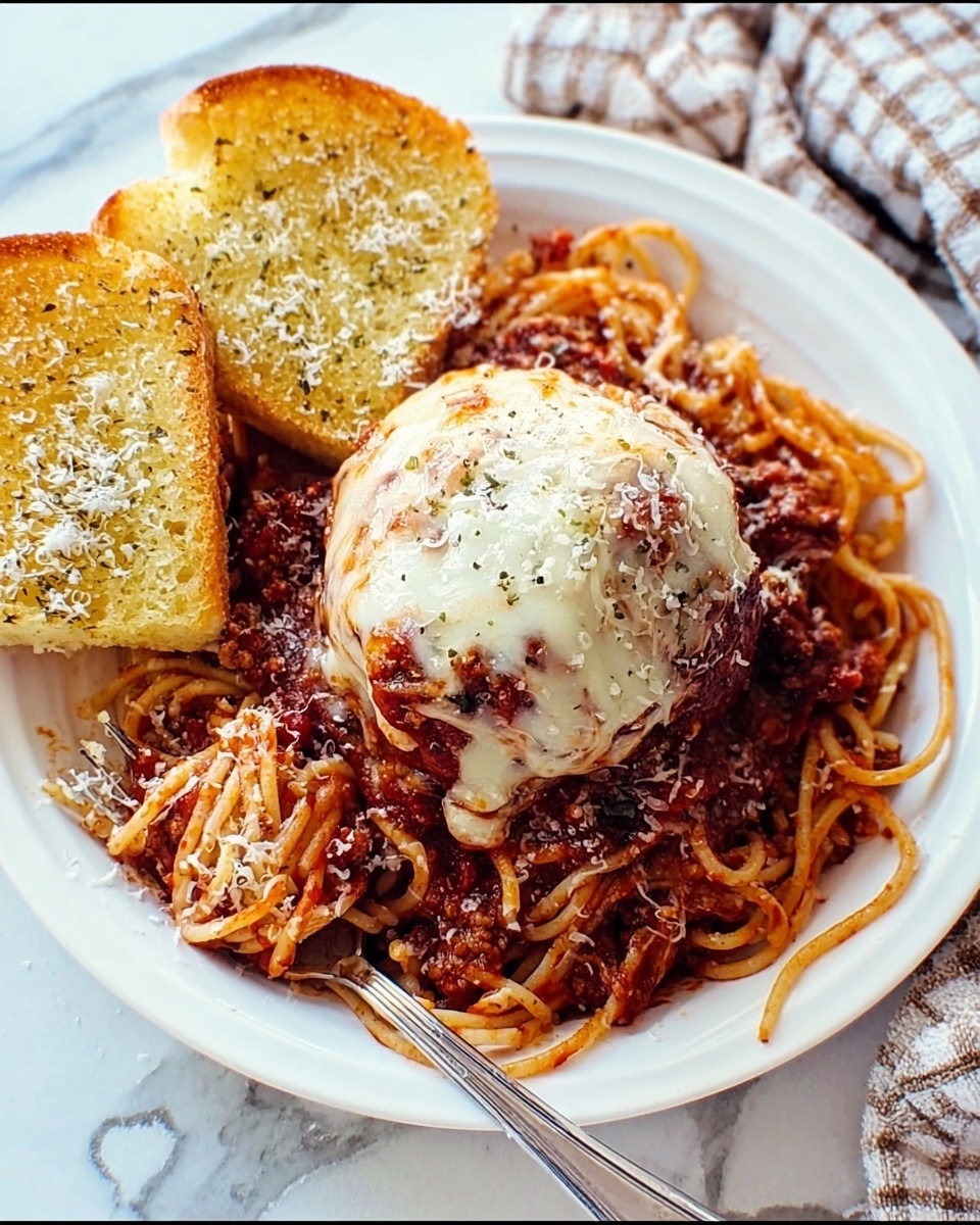 A round meatloaf covered with a thick, creamy white sauce with light brown spots sits at the center of a clear textured plate. One thick slice is lifted, showing the dense, brownish interior of the meatloaf. Below and around it, there is a small bed of spaghetti mixed with chunky red tomato sauce and bits of cooked ground meat. To the left of the meatloaf, a rectangular piece of golden-yellow cornbread rests upright. A silver fork is placed in front on the plate’s edge. The dish is set on a white marbled textured surface with a red and white checkered cloth partially visible behind. Photo taken with an iphone --ar 4:5 --v 7