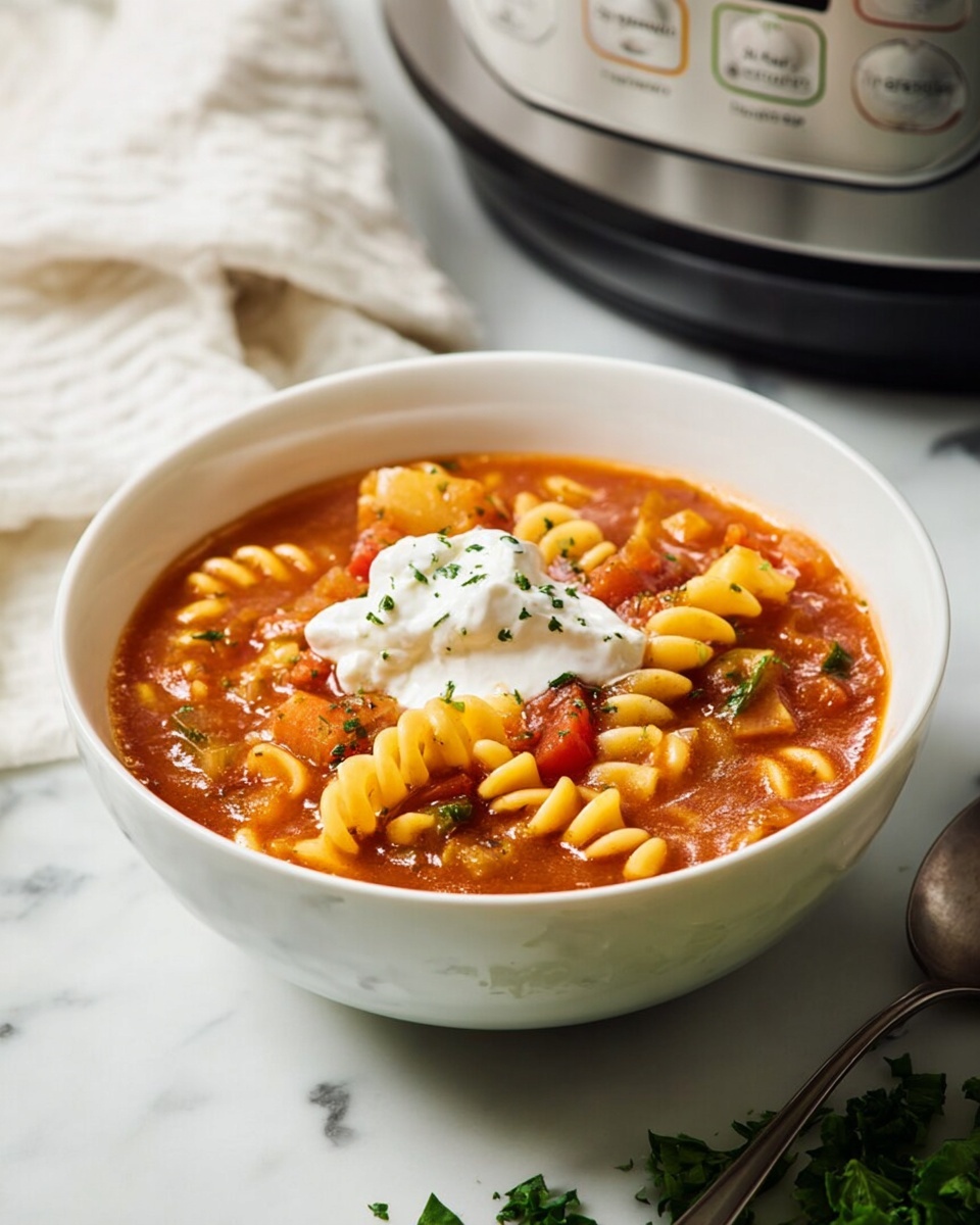 A white bowl sits on a white marbled surface filled with a thick tomato-based soup. Visible in the soup are curly-edged pasta pieces that are yellowish-orange and slightly curled. Scattered throughout the soup are small chunks of soft vegetables and herbs, adding touches of green and red. In the center of the bowl is a dollop of white creamy cheese, topped lightly with some chopped green herbs. The background shows a silver kitchen appliance with buttons blurred out, and a white cloth is placed to the left of the bowl. A silver spoon rests near the bottom right corner with some green leafy garnish nearby. photo taken with an iphone --ar 4:5 --v 7