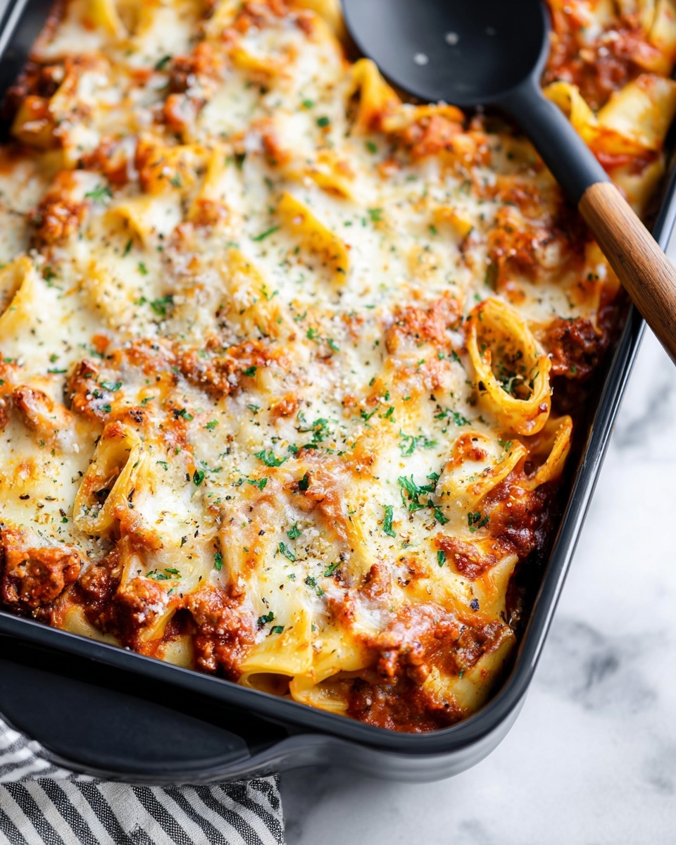 A rectangular black baking dish filled with a baked pasta dish, showing twisted pasta layers covered in a rich red tomato sauce mixed with browned ground meat, topped with melted white cheese that is slightly golden in spots, sprinkled with small green parsley leaves and herbs, all placed on a white marbled surface beside a black spoon with a wooden handle resting on a striped cloth. photo taken with an iphone --ar 4:5 --v 7