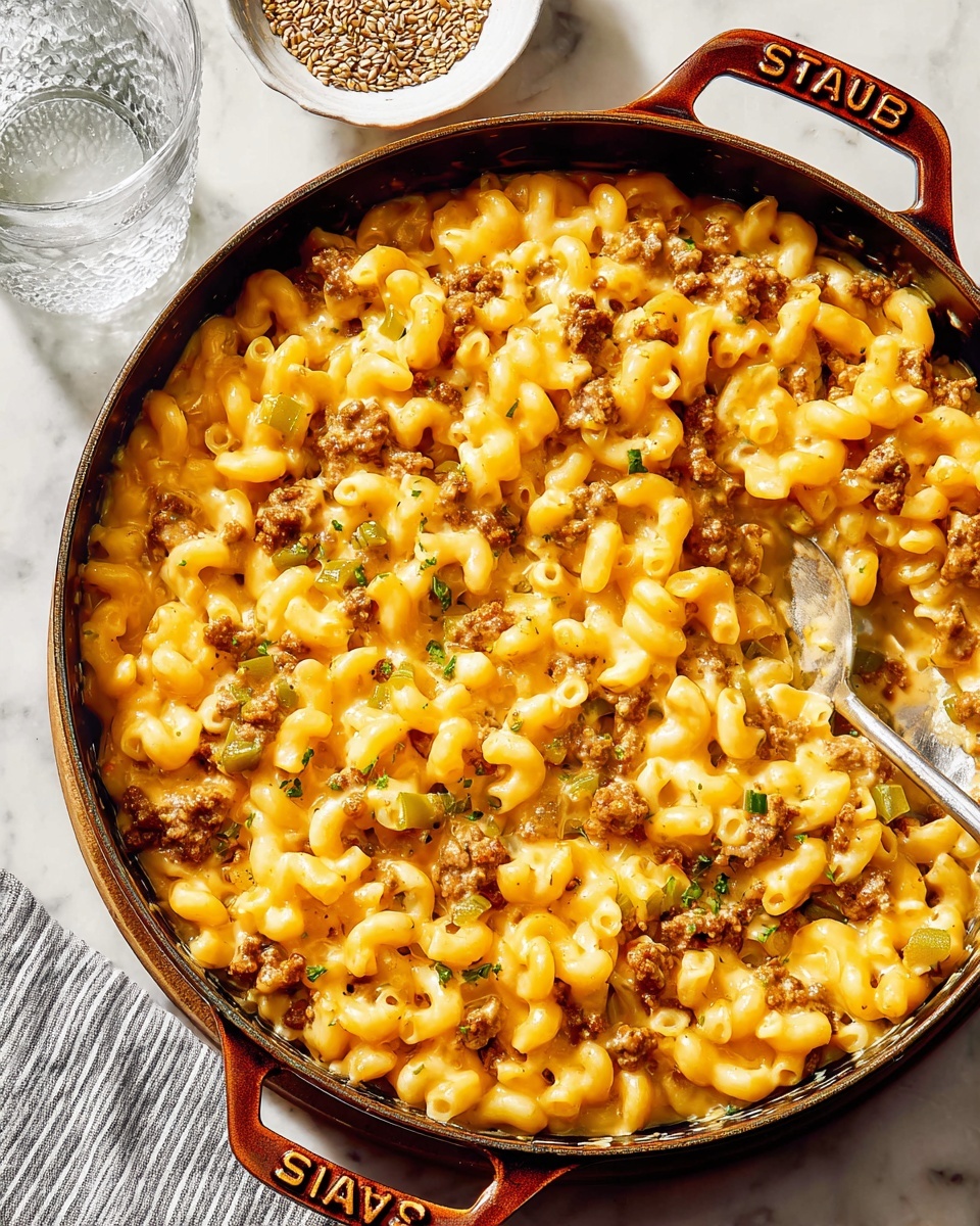 A close-up shot of a dish filled with creamy macaroni pasta mixed with small brown meat pieces and bits of green vegetables, all coated in a smooth, rich orange cheese sauce. The macaroni shapes are curved and soft, evenly covered in the sauce, with a shiny texture that shows the creaminess. The dish is served in a white pan, with a silver spoon resting inside, partially covered by the cheesy pasta. The background shows a white marbled surface with a white and orange striped cloth under the pan. photo taken with an iphone --ar 4:5 --v 7