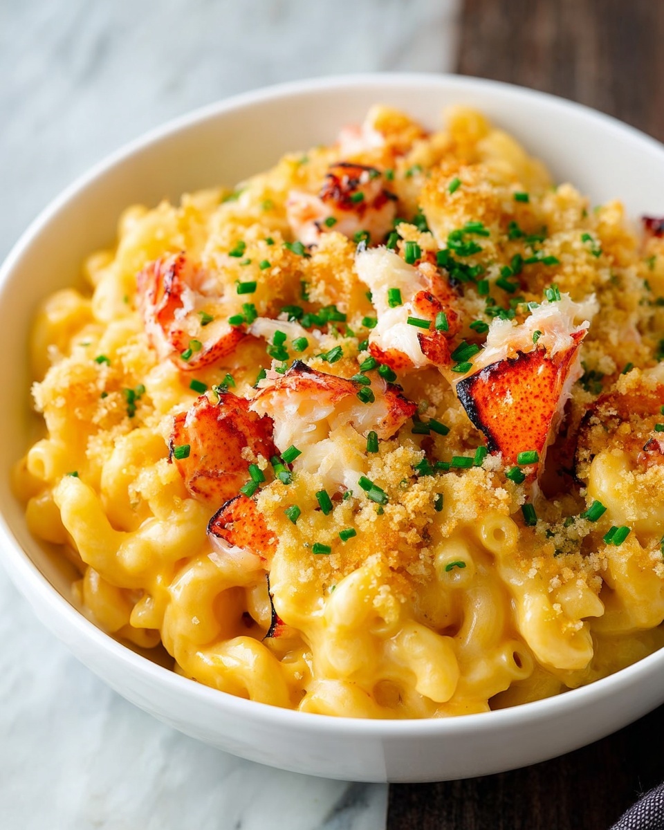 The image shows a white rectangular baking dish filled with three layers: the bottom layer is creamy yellow macaroni pasta, the middle layer is a golden crispy breadcrumb topping, and the top layer has small pieces of cooked lobster with charred edges, sprinkled with finely chopped green herbs. The dish is on a dark wooden surface with a gray striped cloth. photo taken with an iphone --ar 4:5 --v 7