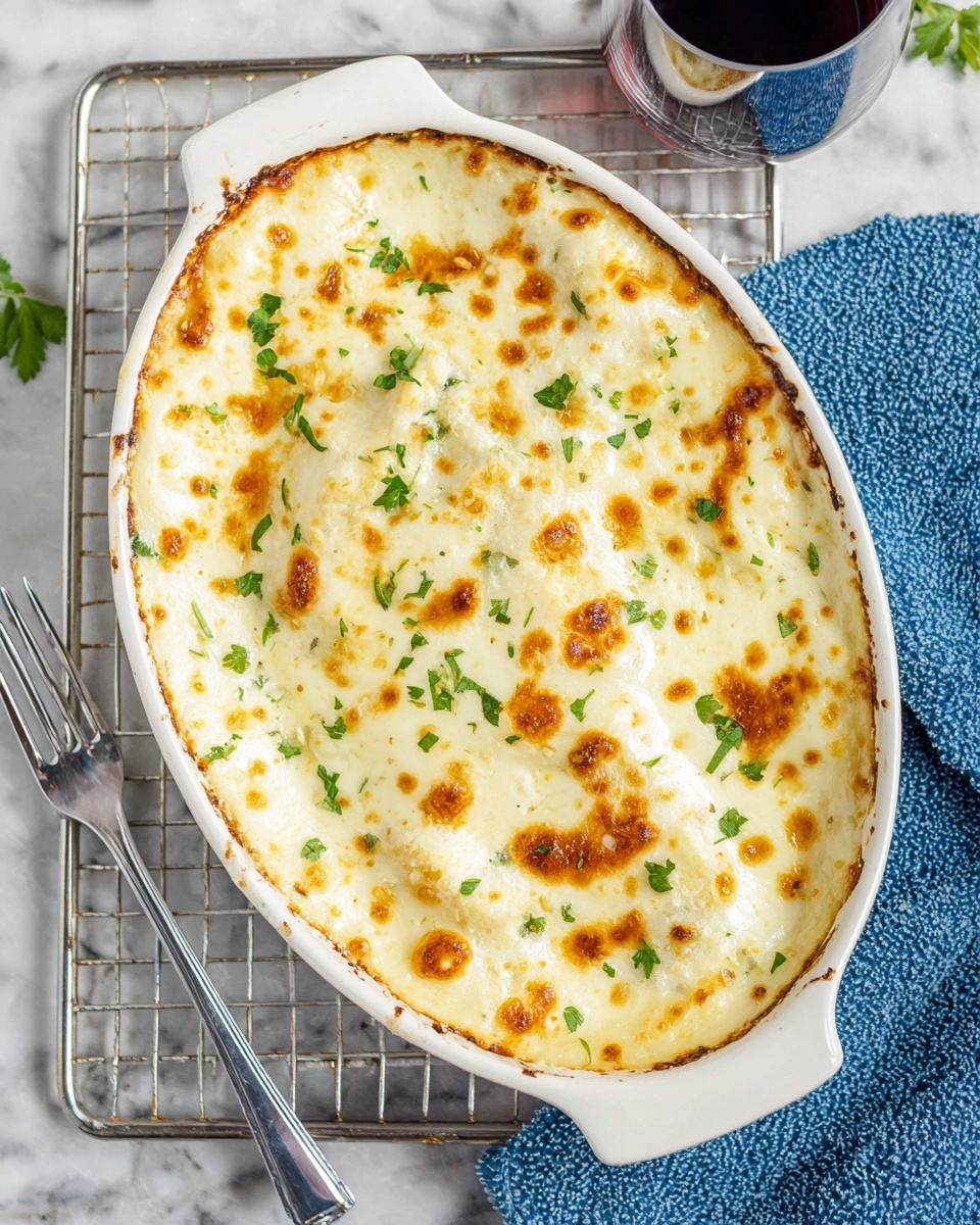 The image shows a white oval baking dish filled with a creamy baked dish with a golden-brown top. The dish has one main layer of melted white cheese with browned spots on the surface. Small bits of green herbs sprinkle the cheese top, adding a fresh look. The dish is placed on a metal cooling rack over a white marbled surface. On the side, there is a silver fork and a blue textured cloth. A glass of dark liquid can also be seen in the corner. photo taken with an iphone --ar 4:5 --v 7