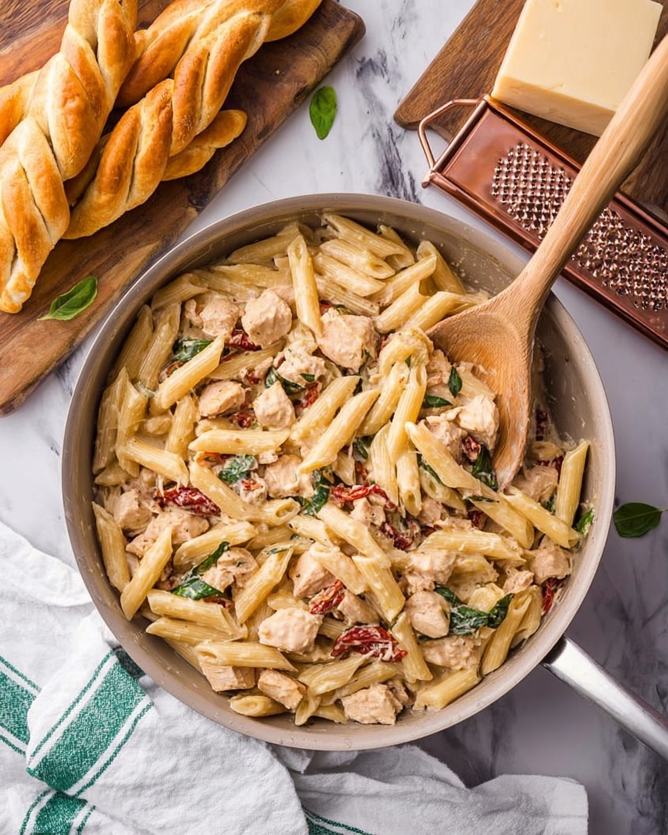 A light gray pan filled with cooked penne pasta mixed with chunks of light brown cooked chicken, small pieces of red sun-dried tomatoes, and green basil leaves. The pasta is coated with a creamy, white sauce, giving a soft and slightly glossy texture. A wooden spoon rests inside the pan, partially covered by the pasta. Around the pan, there are several twisted golden breadsticks on a wooden board to the top left, and a block of pale yellow cheese with a copper-colored grater on a white marbled surface in the background. A white cloth with green stripes is placed at the bottom right corner of the image photo taken with an iphone --ar 4:5 --v 7