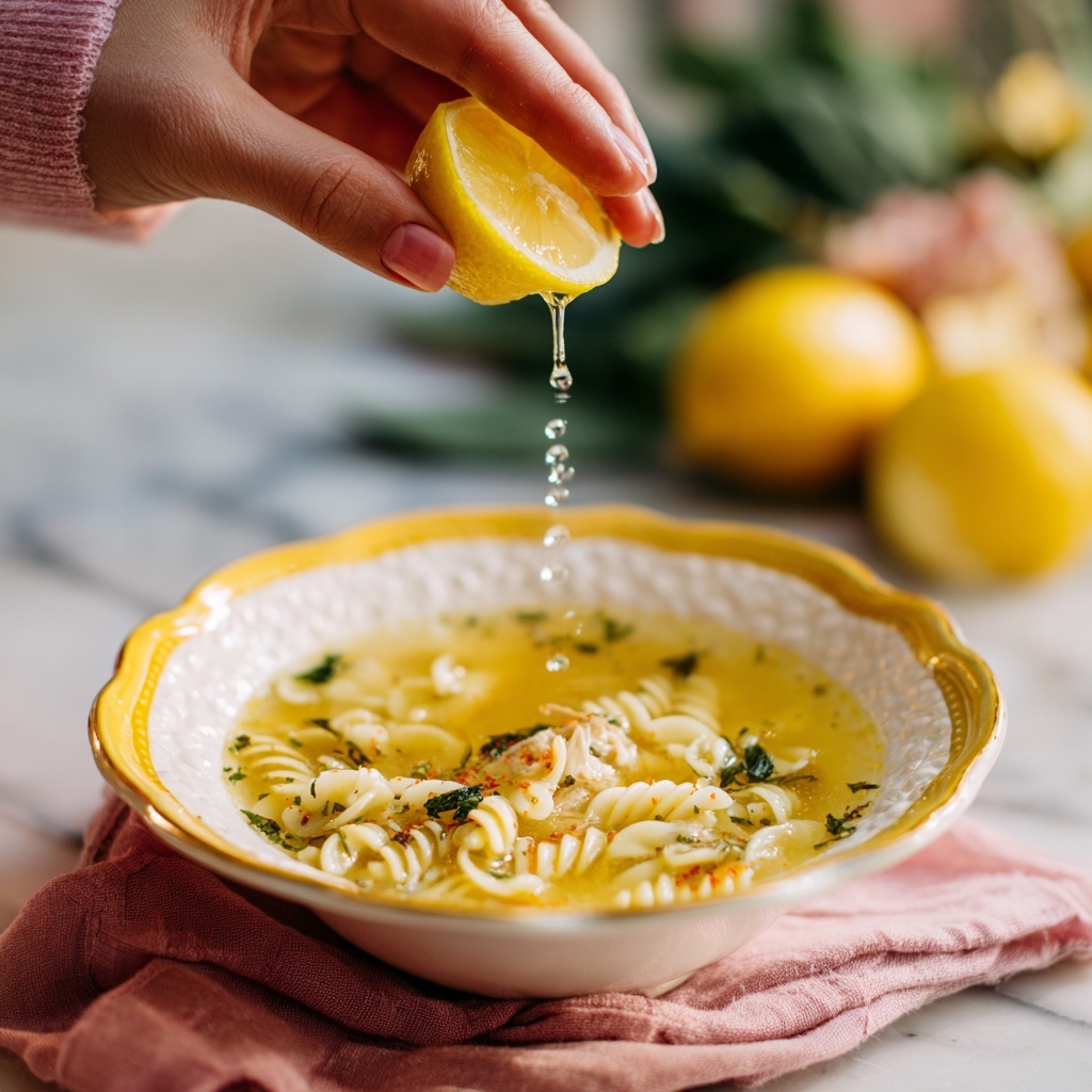 A woman's hand is squeezing a bright yellow lemon wedge over a white bowl with yellow edges filled with clear soup that has small pasta shells, herbs, and small bits of vegetables. The bowl is placed on a pink cloth, and in the blurred background, there is some green leafy vegetables and part of another lemon wedge on a white marbled surface. The light is soft, highlighting the droplets of lemon juice falling into the soup photo taken with an iphone --ar 4:5 --v 7