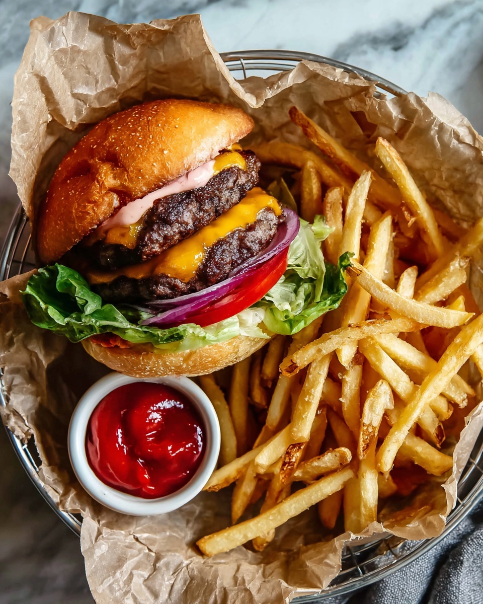 Two stacked cheeseburgers sit side by side on a wooden board. Each burger has a lightly toasted, golden brown bun on top, with a layer of orange melted cheese just below it. Under the cheese, there are two grilled beef patties, separated by another slice of orange cheese. Below that, a few rings of white onion lay on fresh, green lettuce, which sits above bright red tomato slices. At the very bottom is the bottom half of the bun with sauce spread on it. To the left on the board, there is a small pile of golden French fries. In the front right, a small white bowl filled with bright red ketchup sits on the board. The background is a white marbled surface. Photo taken with an iphone --ar 4:5 --v 7