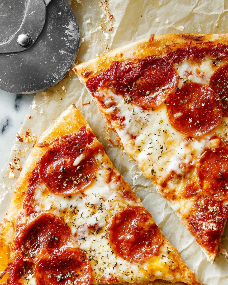 A close-up view of two slices of pepperoni pizza on beige baking paper, layered with a golden brown crust at the bottom, a layer of red tomato sauce with visible oily spots, topped by melted white and light yellow cheese that has bubbly and slightly browned textures, and round pepperoni slices with a rich reddish color and slightly crisp edges evenly spread on top. Some bits of herbs and black pepper are scattered over the cheese and pepperoni. A large metal pizza cutter is partially visible on the left side, resting on the white marbled surface with some crumbs around it. Photo taken with an iphone --ar 4:5 --v 7