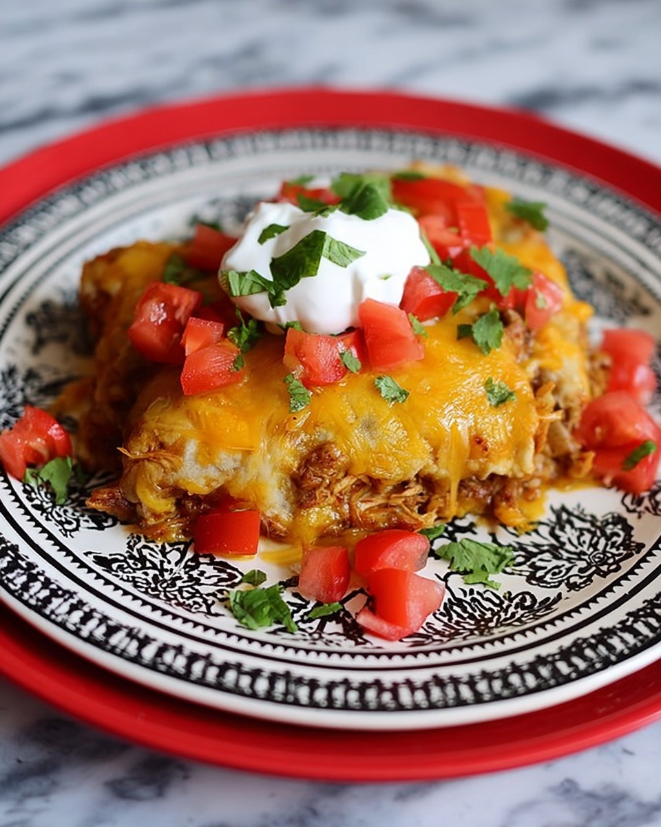 A white plate with black decorative patterns holds a layered enchilada dish. The bottom layer is a soft, golden tortilla base. On top is a thick layer of cooked shredded chicken mixed with brown cooked onions. The next layer is bright melted cheddar cheese covering the chicken and onions, with some small golden spots from baking. Scattered around the main layers are fresh, bright red tomato cubes and small green cilantro leaves. A dollop of white sour cream is placed at the center on top of the cheese. The plate rests on a white marbled surface. photo taken with an iphone --ar 4:5 --v 7