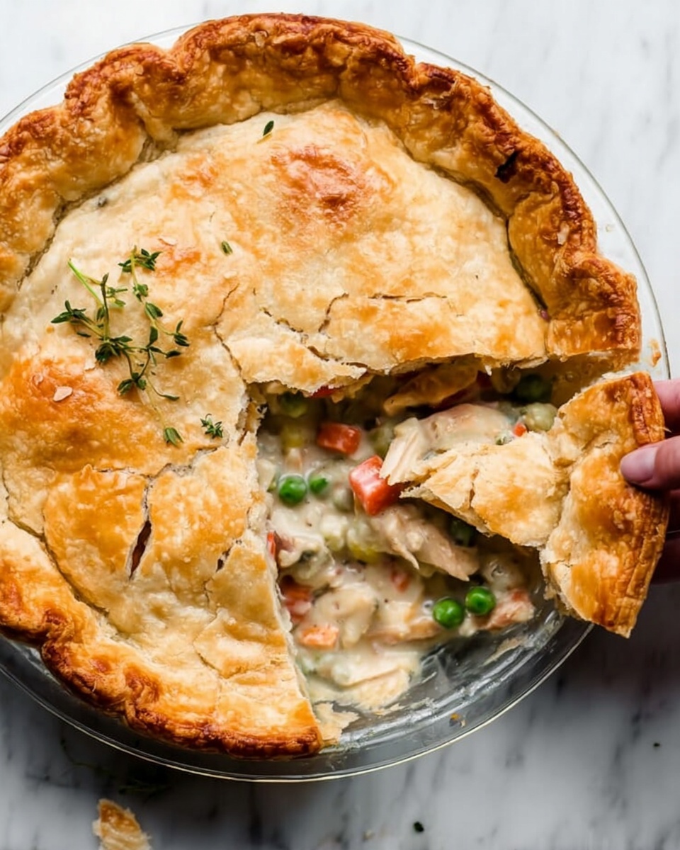 A slice of chicken pot pie sits on a stack of two white plates on a white marbled surface, showing layers of flaky golden-brown crust on top and bottom. Inside, chunks of white chicken and soft orange carrot pieces mix with bright green peas and creamy sauce, filling the pie completely. A small green herb leaf tops the crust near the front. The background is softly blurred with part of the pie visible and a woman's hand gently holding the edge of the plates. photo taken with an iphone --ar 4:5 --v 7