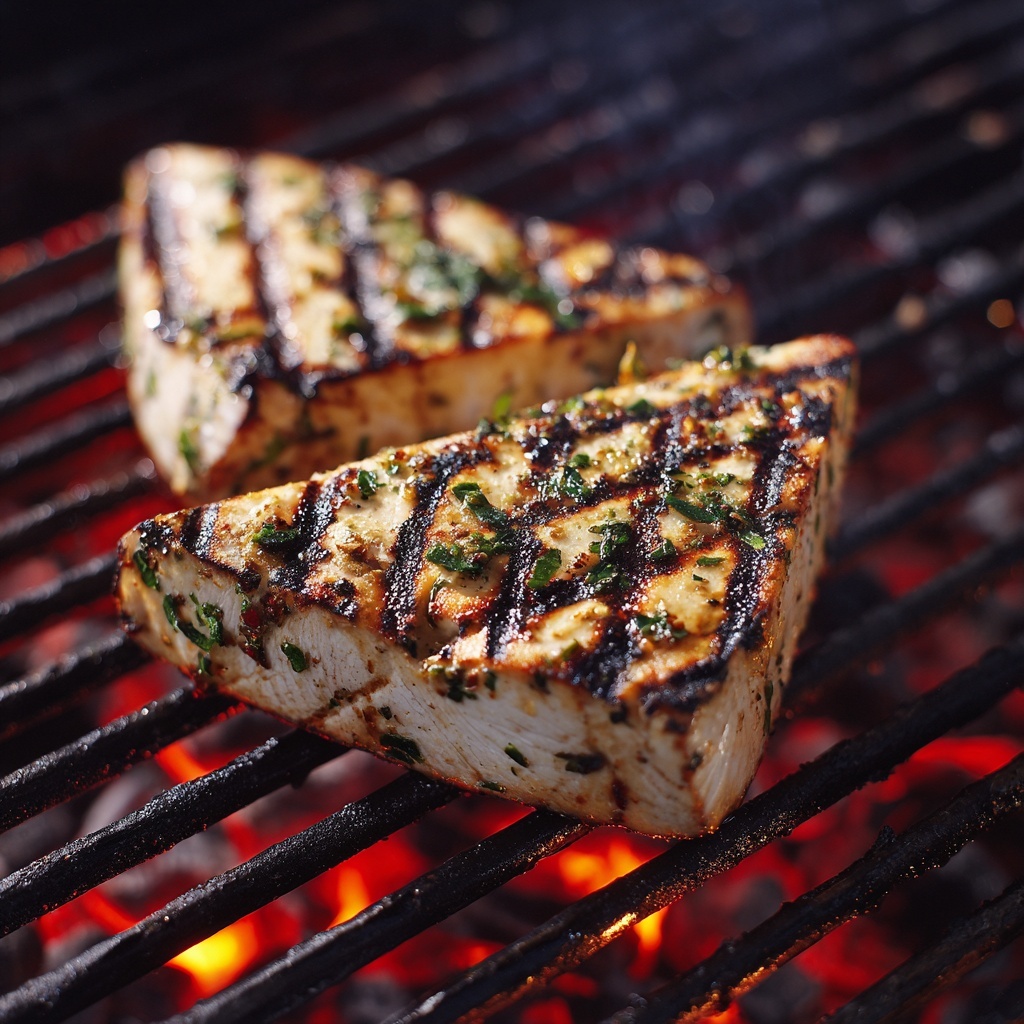A thick triangular piece of grilled white fish with golden brown grill marks and a slightly charred, crispy outer layer sits diagonally on black metal grill bars. The fish has specks of green herbs and a moist texture visible through the charred surface. The background shows glowing red charcoal embers beneath the grill. Photo taken with an iphone --ar 4:5 --v 7
