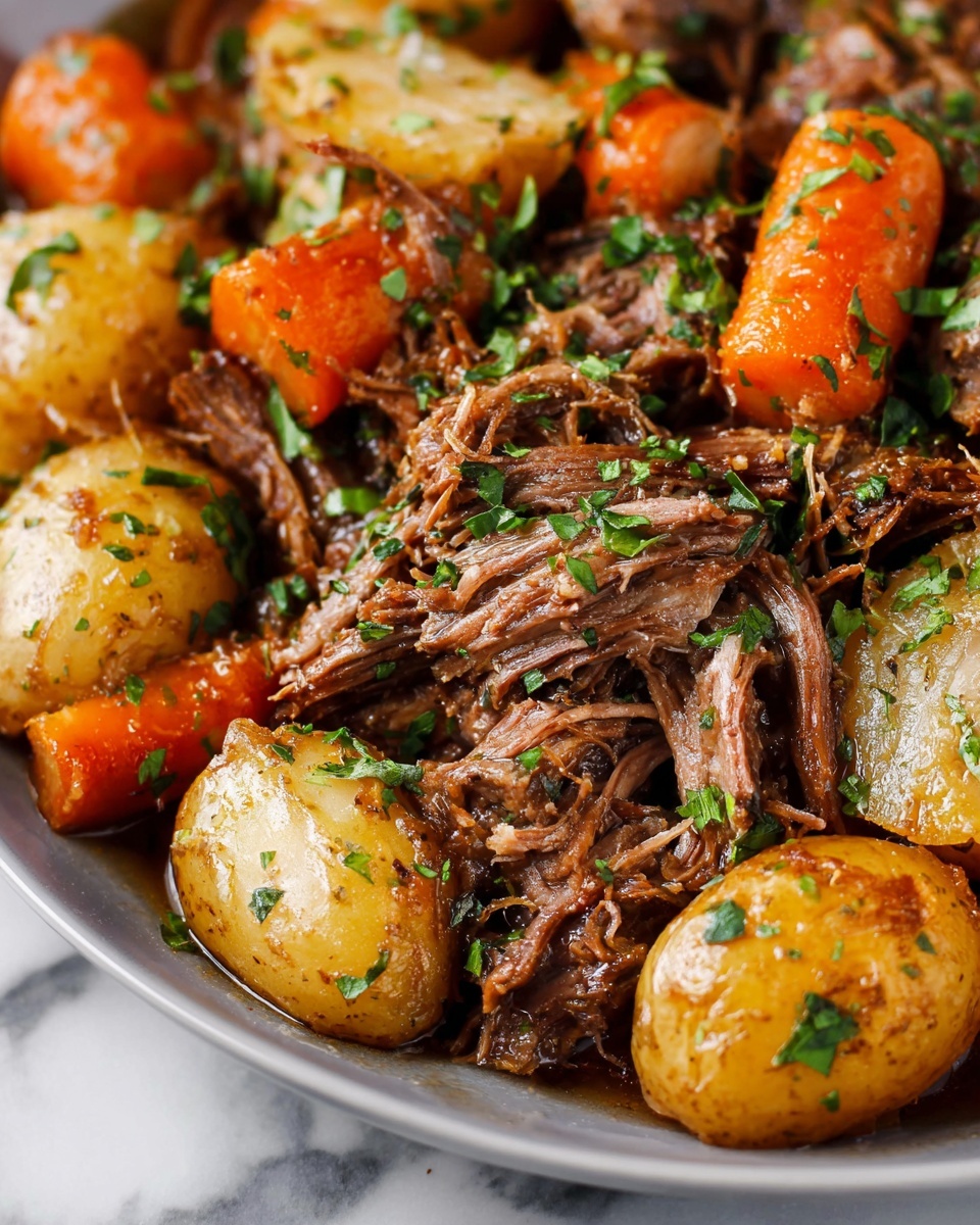 The image shows a close-up of a dish with shredded brown meat, golden baby potatoes, and bright orange carrot chunks, all covered lightly with green chopped herbs. The meat looks soft and juicy with visible strands and is mixed with the vegetables, giving a hearty and rich feel. The carrots are smooth with a glazed shine, while the potatoes have a matte, slightly rough texture. The whole dish sits on a white marbled surface. photo taken with an iphone --ar 4:5 --v 7
