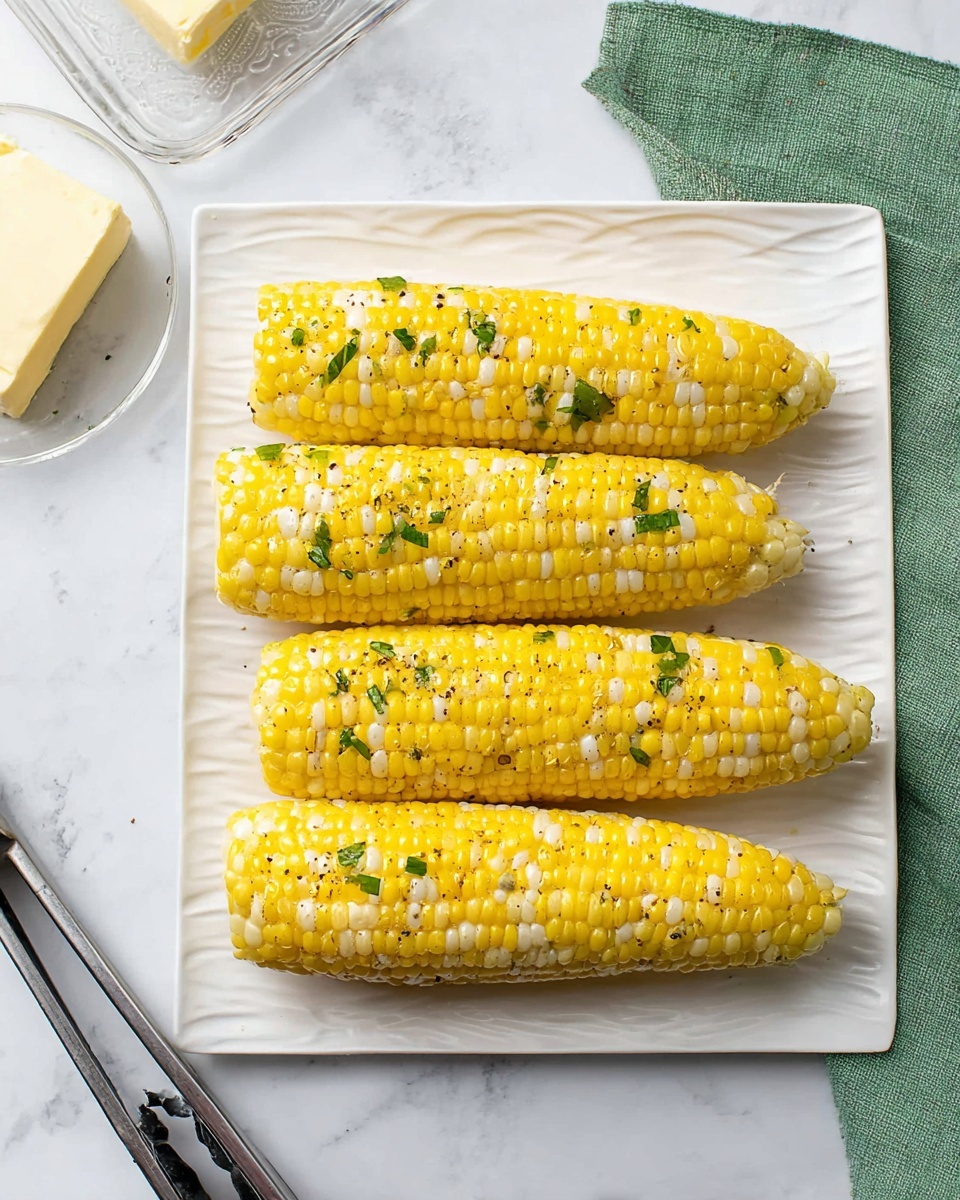 Four ears of yellow and white corn, each sprinkled with small green herb leaves and black pepper, are neatly arranged in a row on a white rectangular plate with a slight wave pattern on the edges. The plate sits on a white marbled surface, partially showing a block of butter on a clear glass butter dish in the top left corner and metal tongs with black grips at the bottom left. A green cloth is casually placed in the top right corner. The light is bright and natural, highlighting the shiny texture of the corn kernels. photo taken with an iphone --ar 4:5 --v 7
