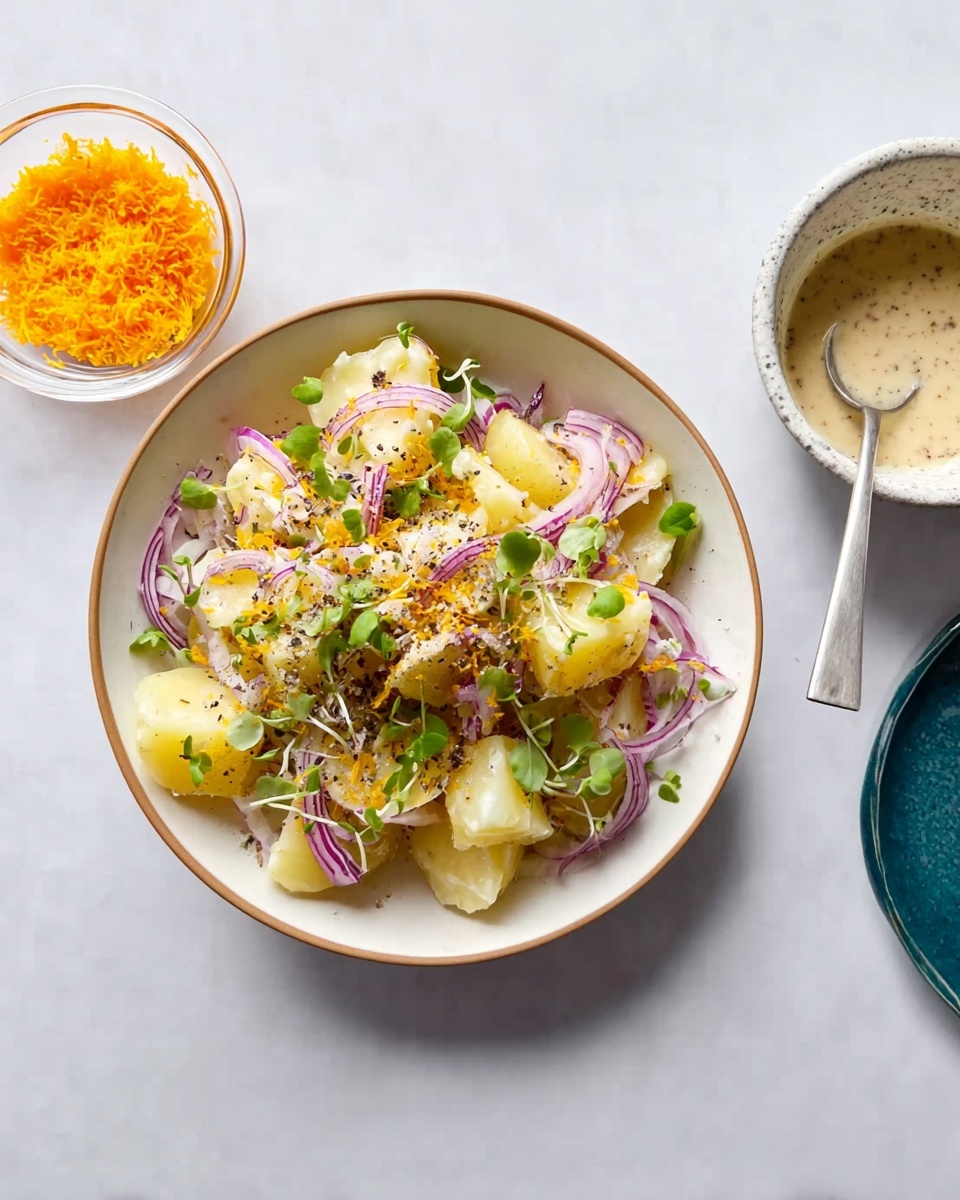 A clear glass bowl filled with a potato salad, where roughly eight large chunks of pale yellow potatoes form the base layer. Thin slices of purple-red onion are scattered evenly over and between the potatoes, adding vivid color contrast. Green parsley leaves and finely chopped green herbs are sprinkled generously to give a fresh look. Small bits of orange zest add bright orange specks, while a light dressing seen as a slight sheen covers the entire salad, making it look glossy and fresh. The bowl sits on a white marbled surface showing soft gray veining, creating a clean and simple background. photo taken with an iphone --ar 4:5 --v 7