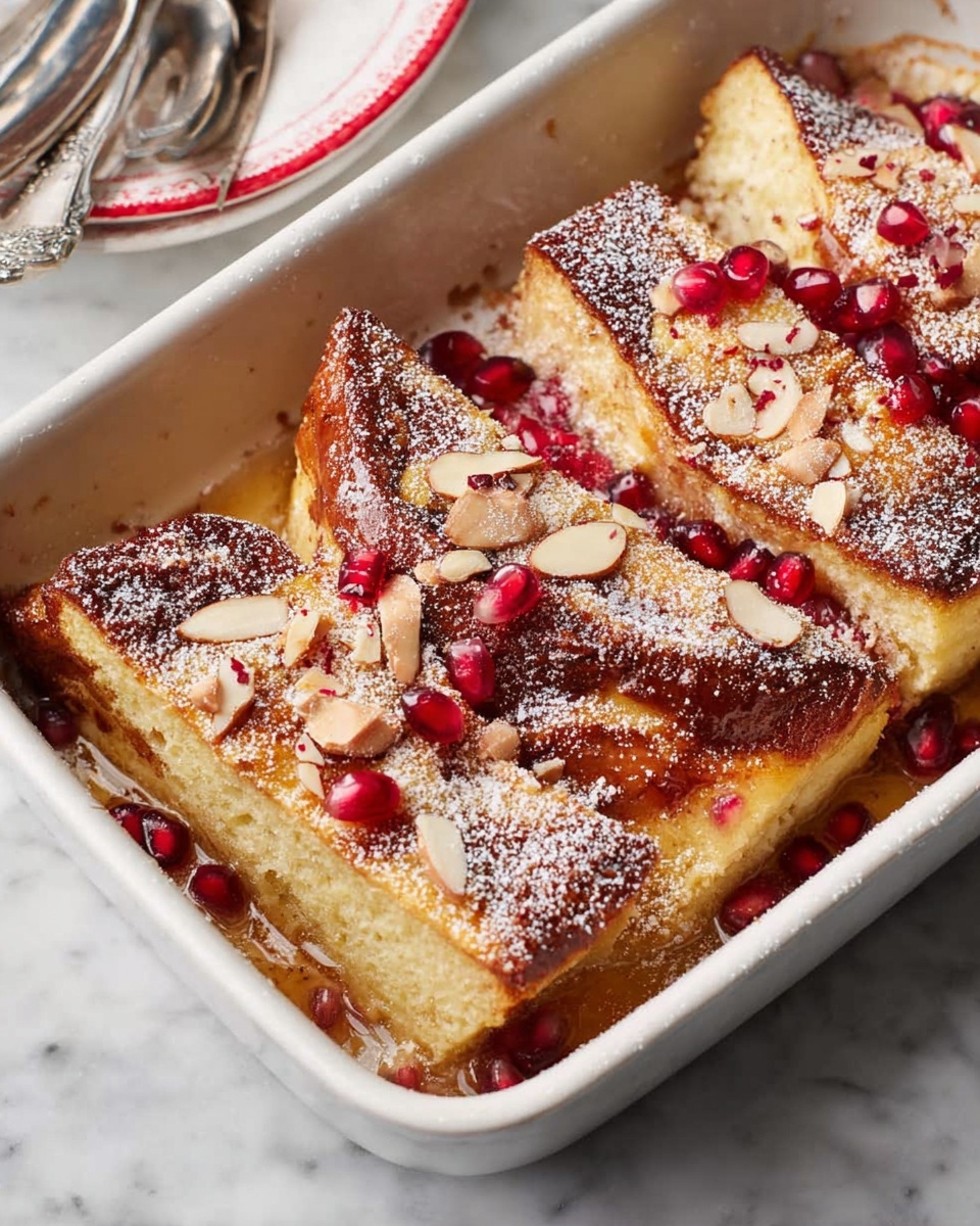 The dish shows three thick slices of bread pudding arranged diagonally in a white baking dish, with a golden brown top layer that looks slightly crispy. The pudding layers have a soft beige inside, while the top is sprinkled with small red pomegranate seeds and thin light brown almond slices. There is also a light dusting of white powdered sugar and some crushed crumbs scattered on top, giving a textured look. The white marbled surface underneath the dish is partly visible along with the edge of a white plate with red rings and some silver forks nearby. photo taken with an iphone --ar 4:5 --v 7