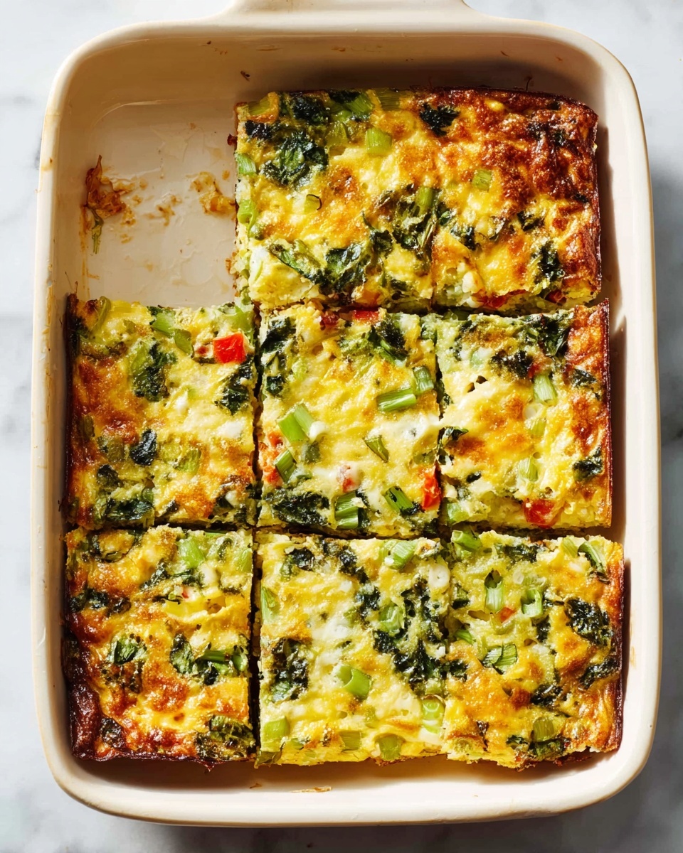A rectangular white baking dish holds a cooked vegetable egg casserole cut into six slices. The top layer is golden brown with spots of slightly darker crust and visible soft, melted cheese. Mixed within the egg base are bright green leafy vegetables, green onion slices, and small pieces of red bell pepper, adding color contrast and texture. The casserole edges show slight browning and caramelization from baking. The dish is placed on a white marbled surface. photo taken with an iphone --ar 4:5 --v 7