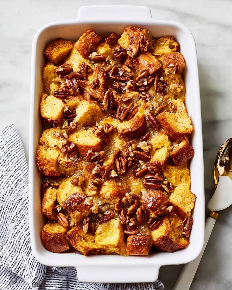 A white rectangular dish filled with a golden toasted bread pudding showing thick, chunky pieces of bread that are crispy on the edges and soft inside, mixed evenly with small to medium pieces of pecans scattered on top and throughout. The bread has a rich, slightly uneven golden-brown color with a light texture that makes it look fluffy yet firm. The dish sits on a white marbled surface with a striped cloth partially visible underneath on one side and a white spatula beside it. photo taken with an iphone --ar 4:5 --v 7
