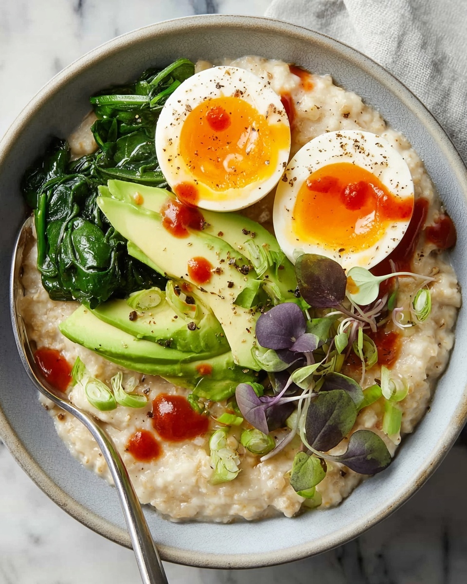 A white bowl filled with a base layer of creamy beige oatmeal spread evenly. On top, there are three layers: bright green sautéed spinach placed on one side, sliced light green avocado pieces fanned out next to the spinach, and two soft-boiled egg halves with rich orange yolks positioned close to each other. Bright red sauce is drizzled lightly over the eggs, avocado, and spinach. A small pile of microgreens with dark purple and green leaves sits near the eggs. A silver spoon leans inside the bowl on the left edge. The bowl is set on a white marbled surface. photo taken with an iphone --ar 4:5 --v 7