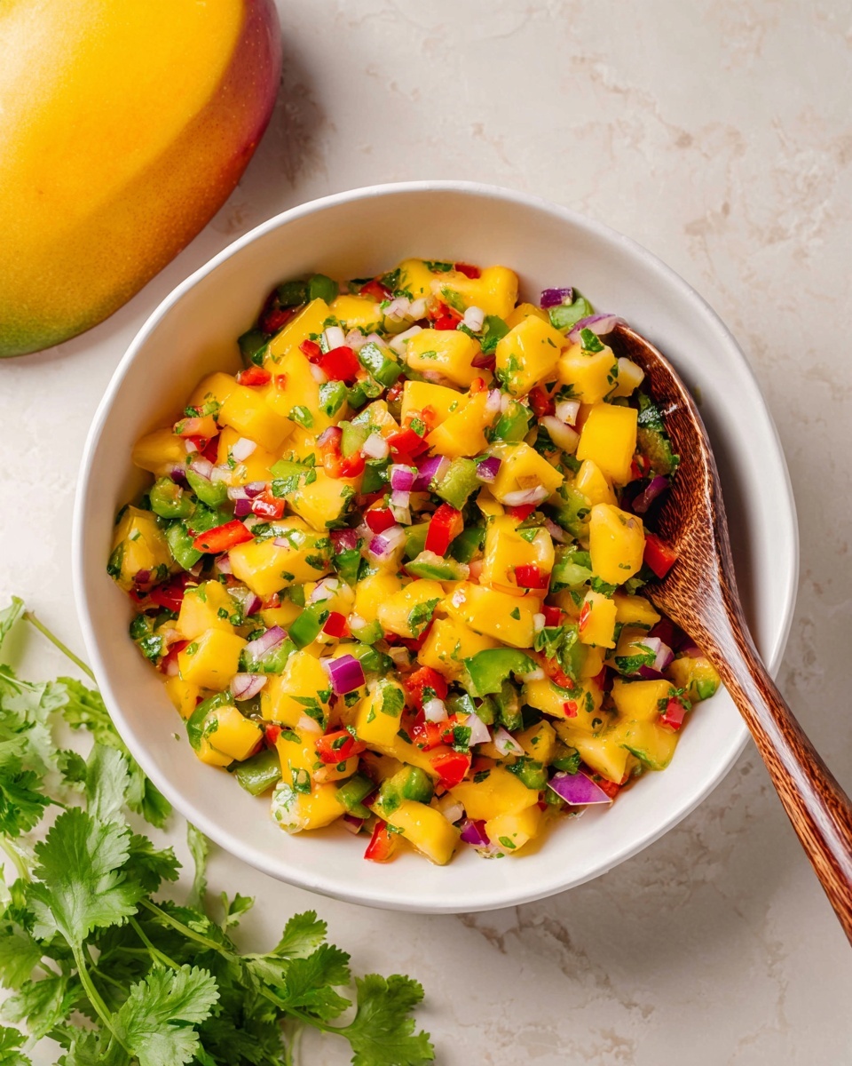 A white bowl filled with a colorful mango salsa. The salsa has bright yellow mango chunks as the main layer, mixed with small green bell pepper pieces, red bell pepper bits, and finely chopped purple-red onion. There are also small green cilantro leaves spread throughout. A wooden spoon is placed inside the bowl on the right side, stirring the salsa slightly. The bowl is on a white marbled surface with a whole mango to the top left and some cilantro sprigs below the bowl. Photo taken with an iphone --ar 4:5 --v 7