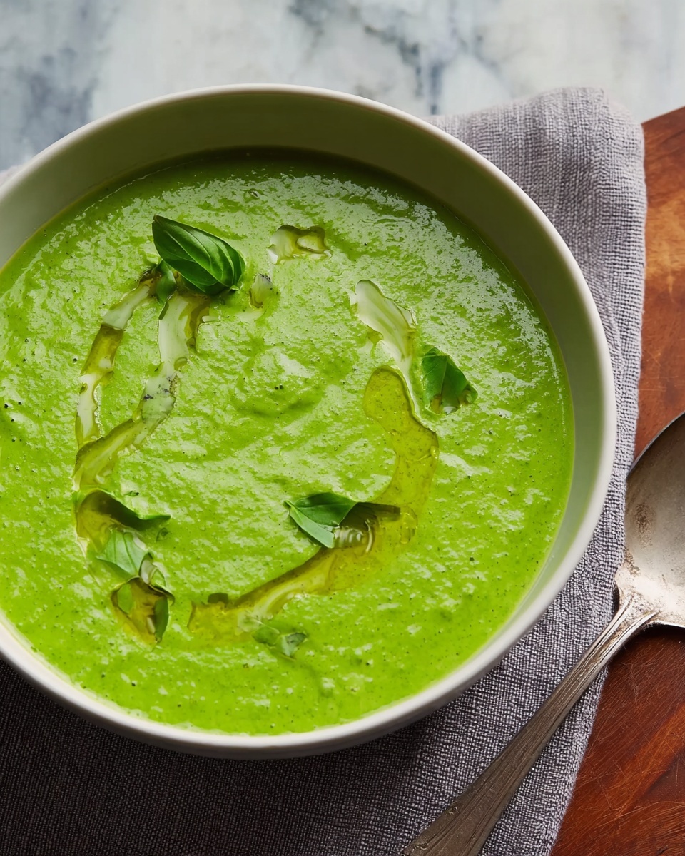 A white bowl filled with thick, bright green soup that has a creamy texture. The soup is topped with a drizzle of golden oil and a few small fresh green basil leaves. The bowl rests on a gray cloth, and the background is a white marbled surface. Photo taken with an iphone --ar 4:5 --v 7