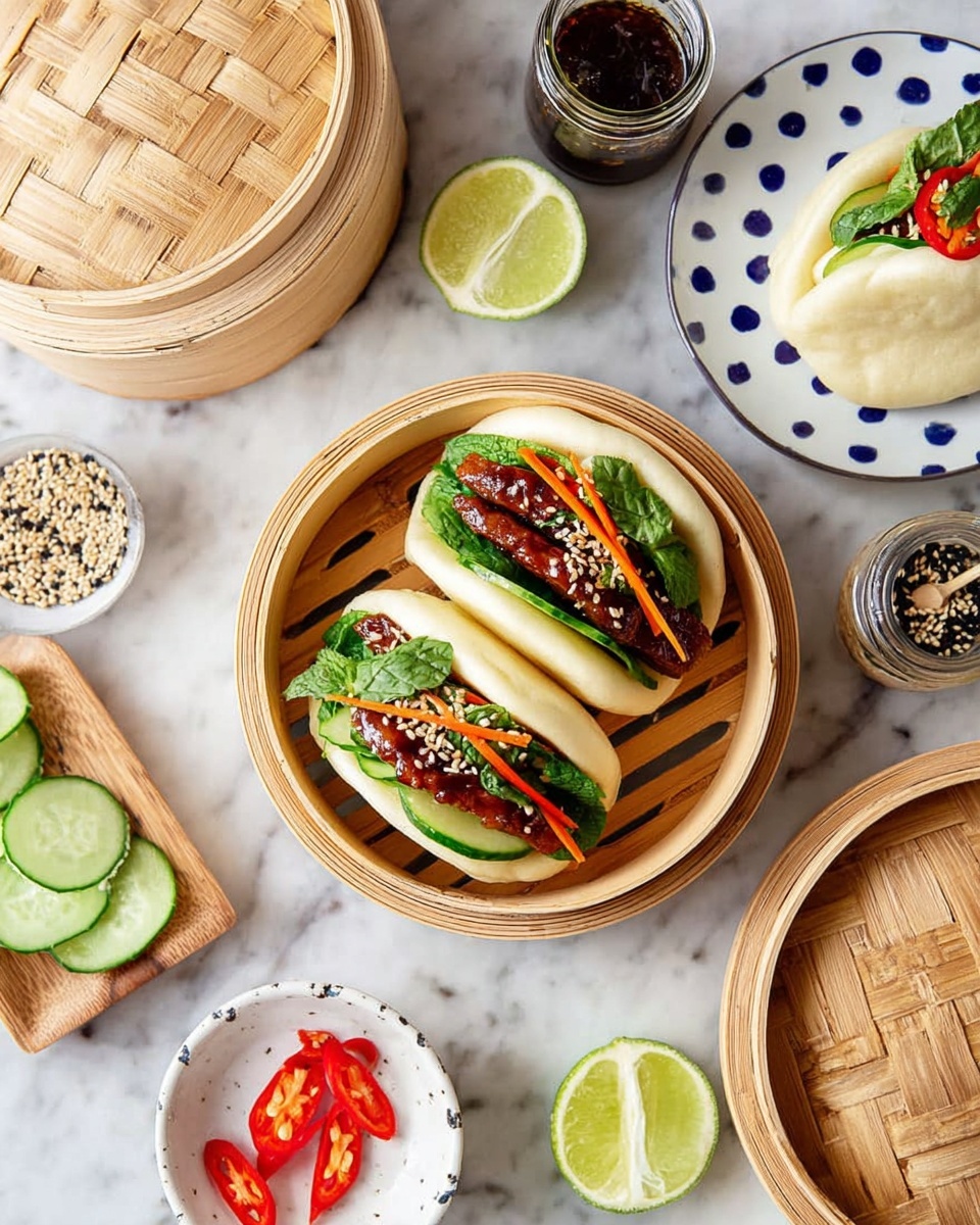 Two white steam buns are inside a round bamboo steamer, each bun filled with a green leaf base, slices of avocado, orange carrot sticks, and topped with a brown glazed strip of meat sprinkled with white and black sesame seeds and small bits of red chili. Nearby, there are more white steam buns stacked on white paper. On the white marbled surface, there are lime wedges, a small wooden bowl with white and black sesame seeds, a glass jar with dark sauce and a wooden spoon beside it. A small white plate with blue dots holds cucumber slices and chopped red chili. A wooden bowl contains bright orange carrot sticks, green leafy herbs, and cucumber slices. A woman’s hand is visible holding the edge of the top bamboo steamer lid. A blue and white striped cloth is placed on the right side. photo taken with an iphone --ar 4:5 --v 7