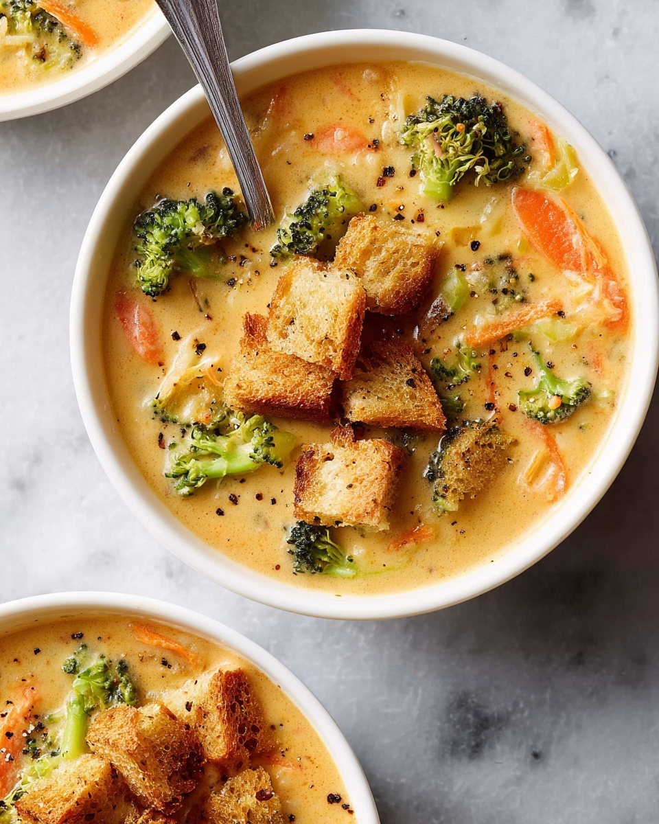 The image shows two white bowls of creamy soup placed on a white marbled surface. Each bowl contains a thick, light orange soup base with visible pieces of bright green broccoli florets and thin orange carrot strips mixed in. The soup is topped with golden brown toasted bread pieces that look crunchy and uneven in shape. A silver spoon is resting inside the top bowl. The soup has a smooth texture, and there are small black pepper specks scattered on top of the soup and bread pieces. Photo taken with an iphone --ar 4:5 --v 7