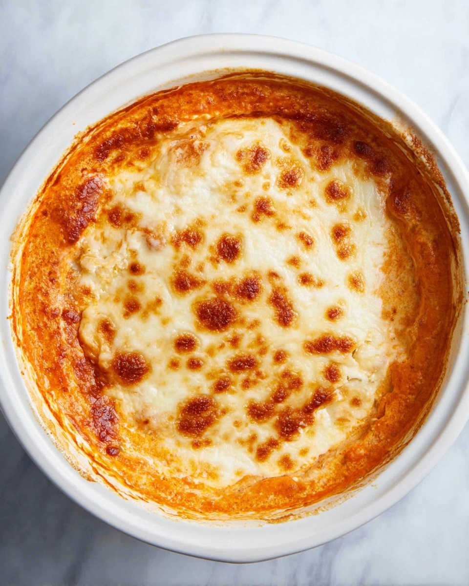A round white dish filled with a baked layered casserole showing two main layers; the bottom layer is a thick orange sauce with a creamy texture, and the top layer is melted cheese with golden brown spots spread unevenly, creating a bubbly and slightly browned surface. The edges of the dish have some sauce marks, and the dish sits on a white marbled surface. photo taken with an iphone --ar 4:5 --v 7