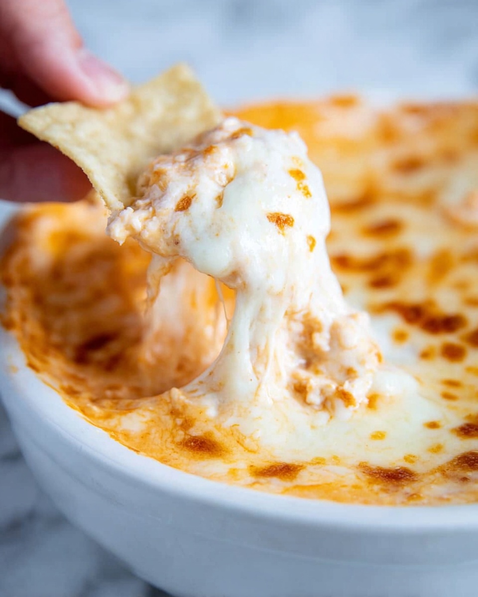 A close-up view of melted cheese dip held by a white tortilla chip. The dip has a top layer of creamy, white melted cheese with small browned spots, showing a stretchy and gooey texture pulling away from the chip. Underneath the cheese, there is a smooth orange layer, likely a cheesy or creamy sauce. The dip is inside a white bowl with a glossy finish, placed on a white marbled surface. A woman's hand is holding the chip, dipping it into the bowl. photo taken with an iphone --ar 4:5 --v 7