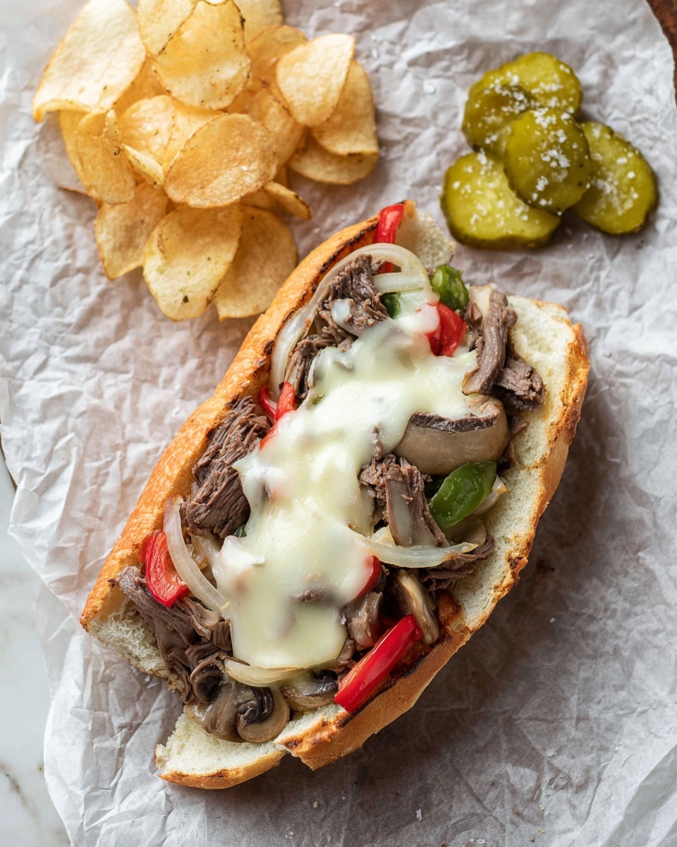 A toasted sandwich open-faced on a white soft bun with a crispy golden-brown edge, layered with shredded cooked beef as the base, topped with sautéed thinly sliced onions, red and green bell peppers, and sliced mushrooms, finished with melted white cheese draped over the top. On the top left side of the sandwich, there is a small pile of golden, crispy potato chips. To the upper right side, a small group of three green pickle slices is placed, sprinkled with coarse salt. All items rest on crumpled white parchment paper over a white marbled surface. photo taken with an iphone --ar 4:5 --v 7