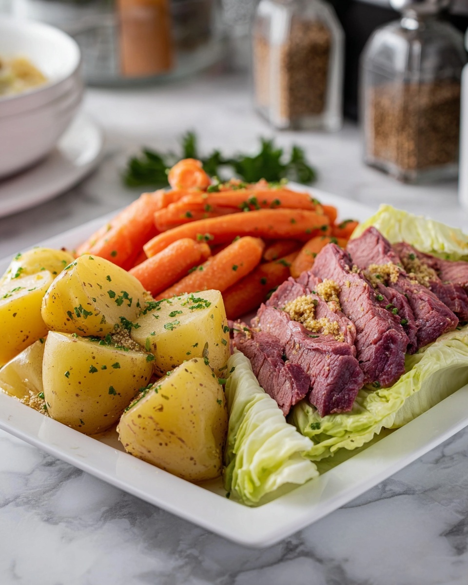 A white square plate holds three main layers of food placed side by side. On the left are large chunks of yellow potatoes, lightly sprinkled with green herb bits. In the middle is a pile of bright orange carrot sticks, also garnished with herbs. On the right side, thin slices of pink and purple cooked meat are arranged over a bed of pale green leafy cabbage. Tiny mustard seeds and spices are scattered on top of the meat. The plate sits on a white marbled surface with some blurred kitchen items in the background. photo taken with an iphone --ar 4:5 --v 7