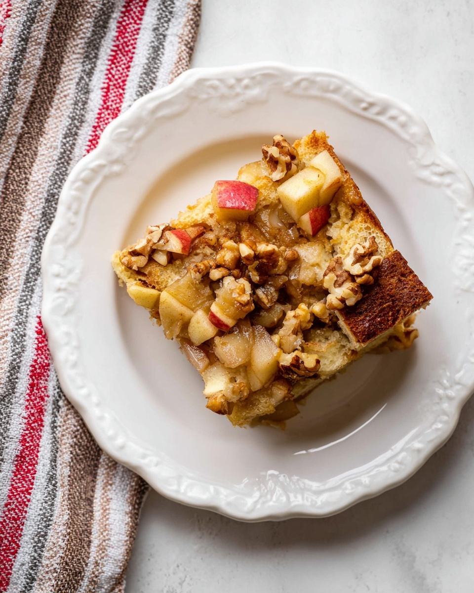 A piece of thick, golden-brown bread pudding sits on a white plate on a white marbled surface, showing visible chunks of apple inside. The bread pudding is topped with a scoop of creamy vanilla ice cream, which is drizzled generously with a shiny caramel sauce that also drips onto the plate. Small nut pieces are scattered around the ice cream and pudding. A red and white towel is partially visible on the left side in the background. Photo taken with an iphone --ar 4:5 --v 7