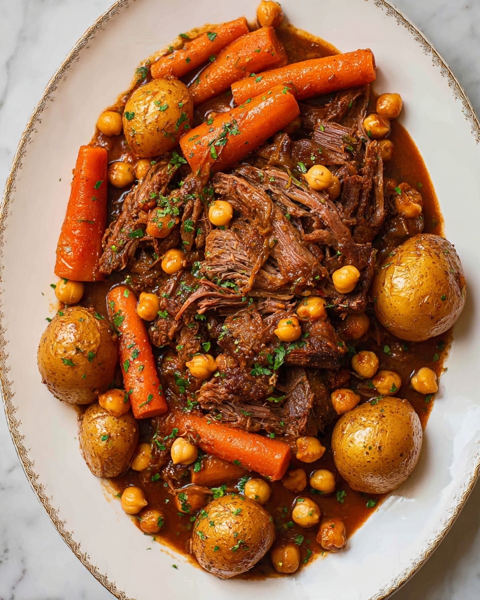 The image shows a large white oval plate filled with slow-cooked shredded dark brown meat in a rich, glossy brown sauce. There are several whole golden-brown roasted small potatoes scattered around the meat. Bright orange chunks of cooked carrots are placed evenly on all sides of the dish. Small round beige chickpeas are mixed throughout the plate, some sitting on top and some around the meat and vegetables. The entire dish is sprinkled with finely chopped green herbs, adding a fresh pop of color. The plate rests on a white marbled texture surface. photo taken with an iphone --ar 4:5 --v 7